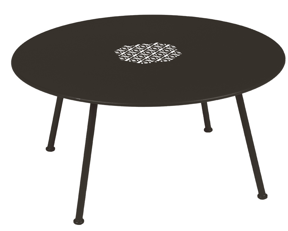 Lorette Beistelltisch von Fermob, runder Outdoor Couchtisch aus Metall in dunklem Braun mit Lochmuster.