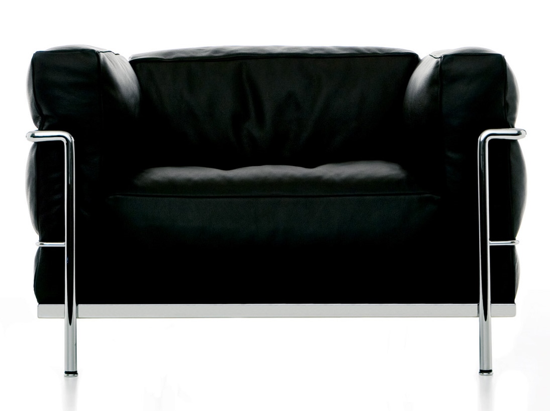 Schwarzer 3 Fauteuil Grand Confort Sessel von Cassina mit verchromtem Stahlrohrgestell und weichen Lederpolstern.