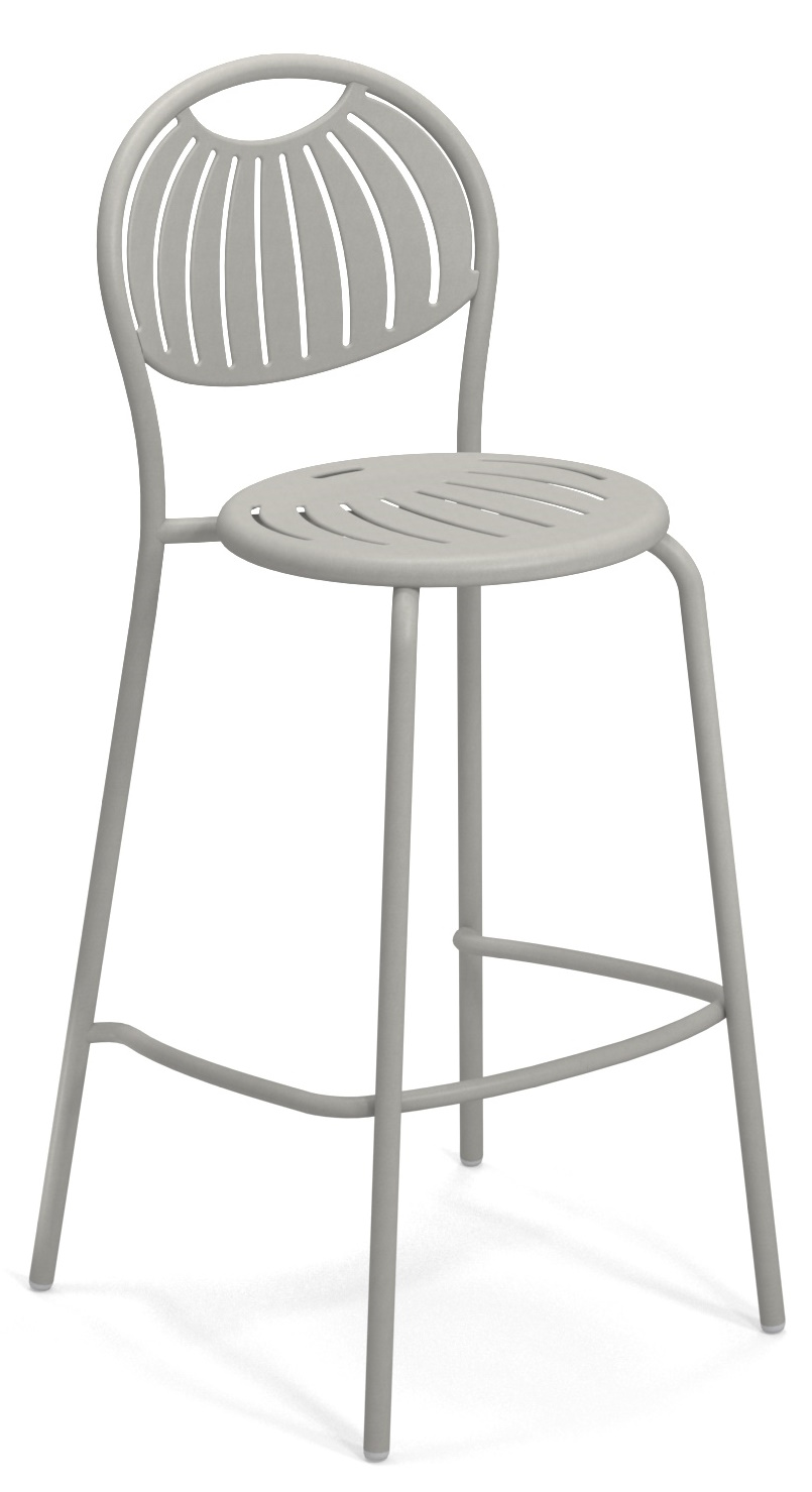 Coupole Barstool Barhocker Outdoor Emu, grauer Metallhocker mit Rückenlehne und runder Sitzfläche für den Außenbereich.