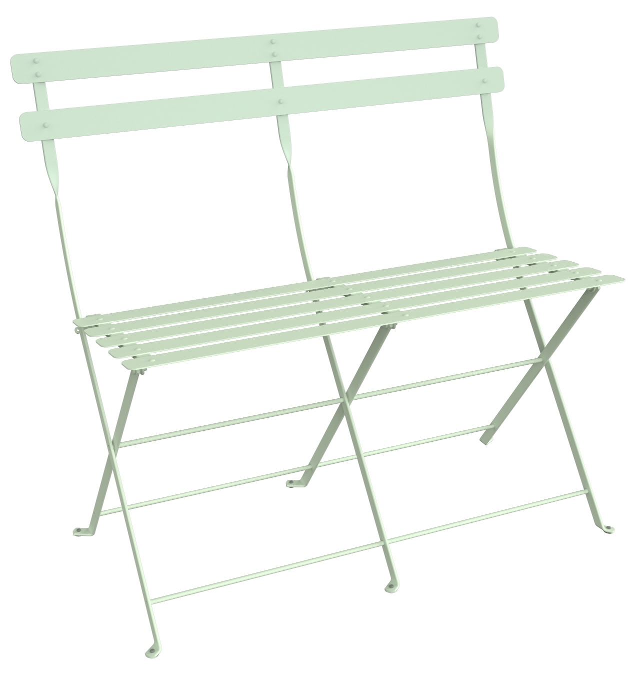 Fermob Bistro Klappbank für zwei Personen in hellgrün, ideal für Garten, Balkon oder Terrasse.