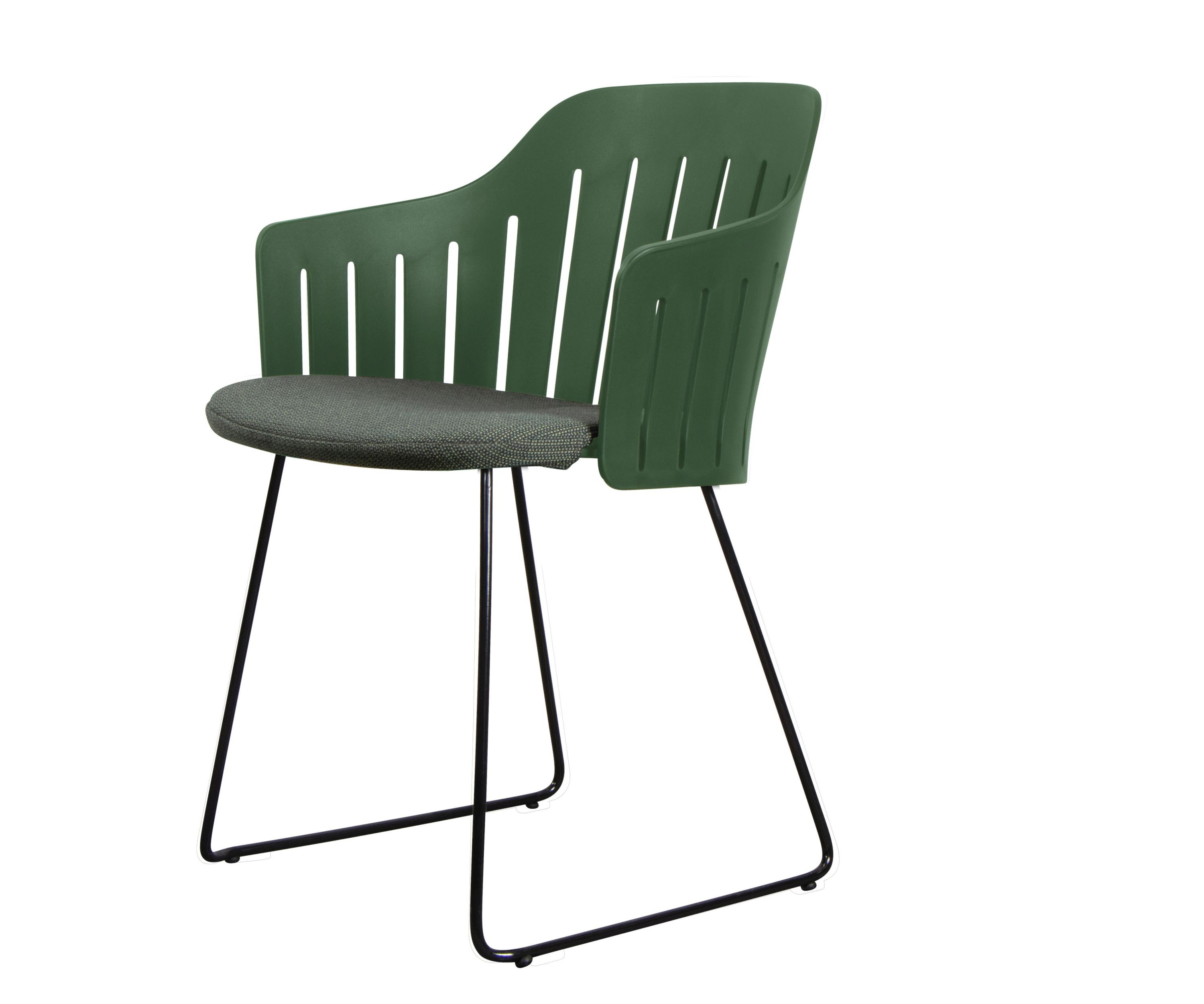 Dunkelgrüner Cane-Line Choice Outdoor Stuhl mit Stahlgestell und grauem Sitzkissen für Garten und Terrasse.