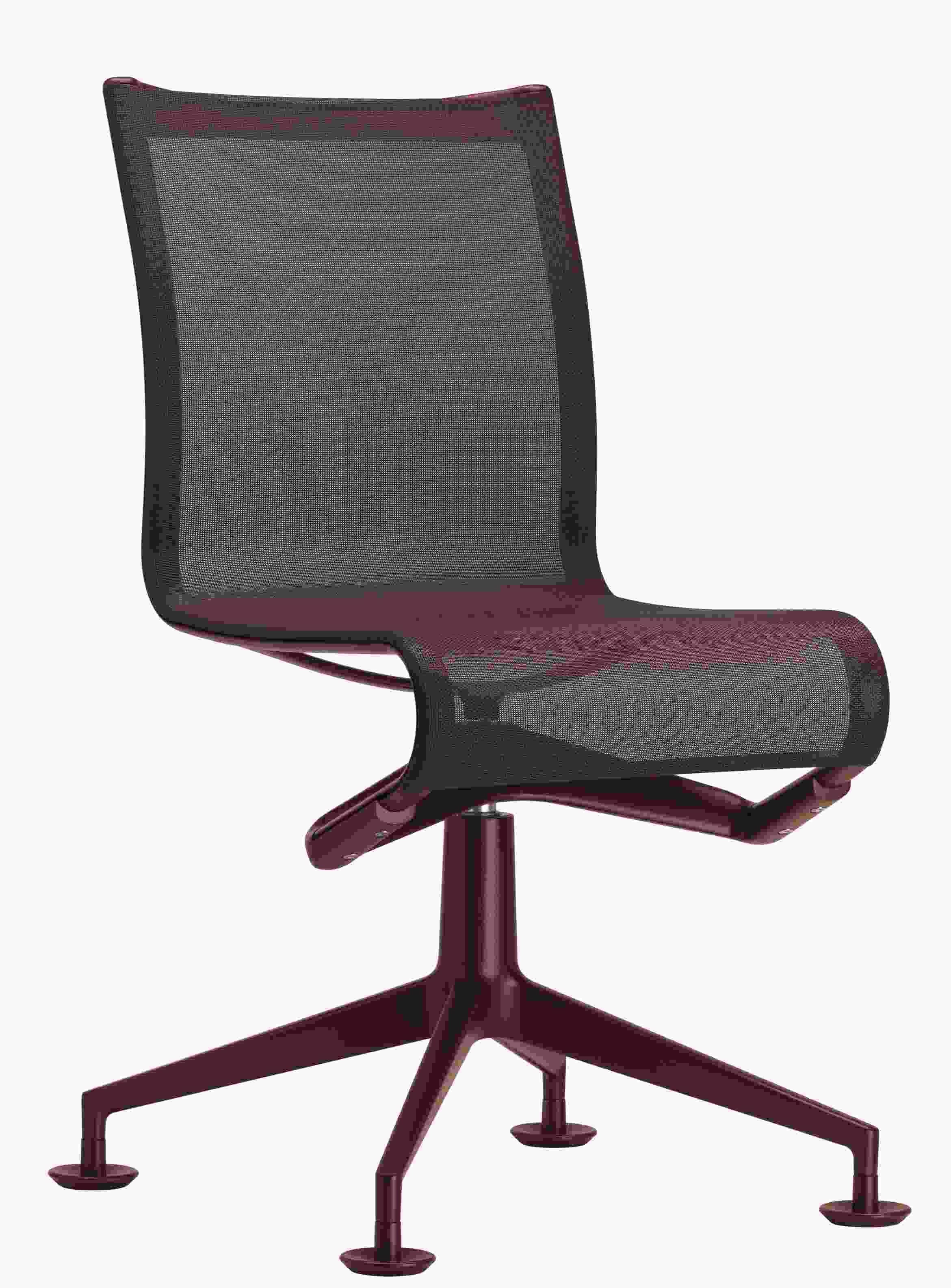 Meetingframe Drehstuhl mit schwarzem Netzstoff und weinrotem Gestell, ergonomischer Bürostuhl für Konferenzräume.