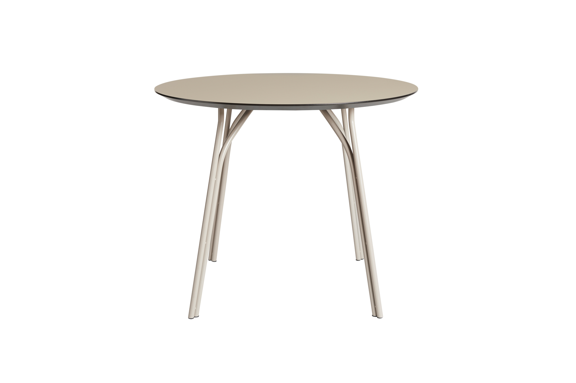 Tree Esstisch von Woud: Runder Tisch mit beiger Tischplatte und filigranem, schwarzem Metallgestell.