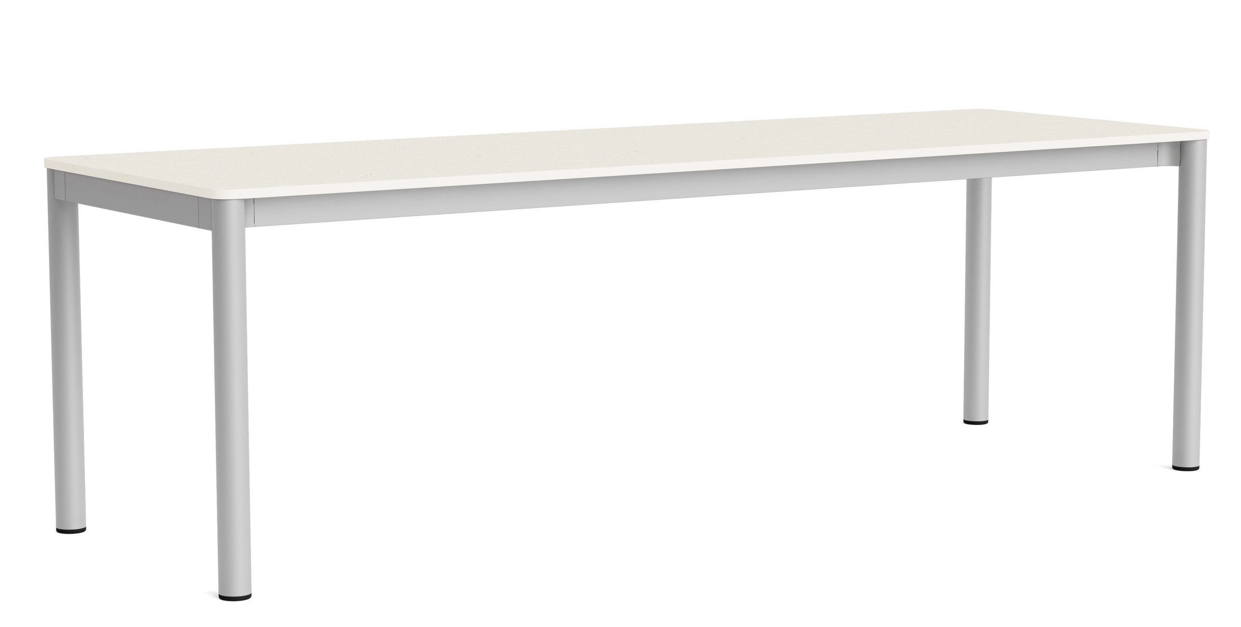 Annex Table Flush Esstisch von Hay mit hellbeiger Tischplatte und silberfarbenem Metallgestell, freigestellt.
