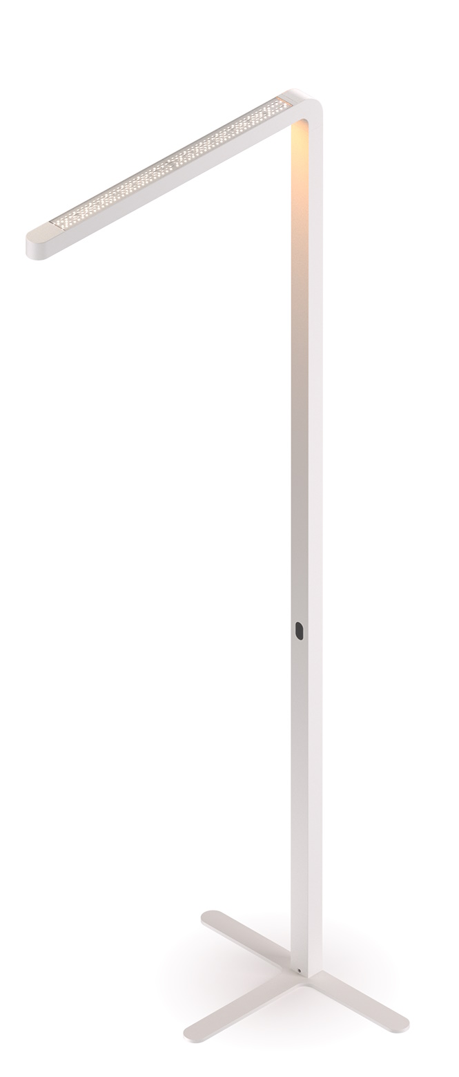 Team Agile Stehleuchte in Grau: Moderne LED-Stehlampe mit minimalistischem Design und kreuzförmigem Fuß für Wohnzimmer und Büro.
