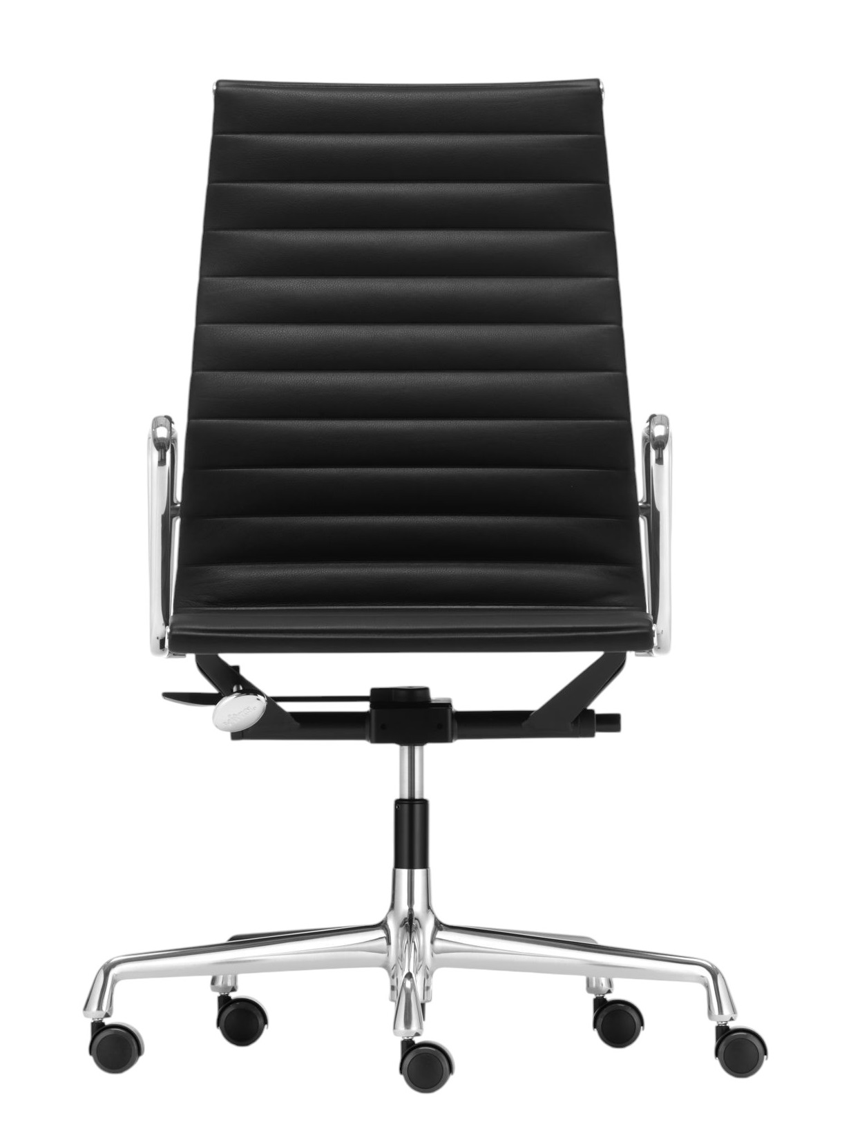 Vorderansicht des schwarzen Vitra Aluminium Chair EA 119 Bürostuhls mit verchromtem Aluminiumgestell und Rollen.