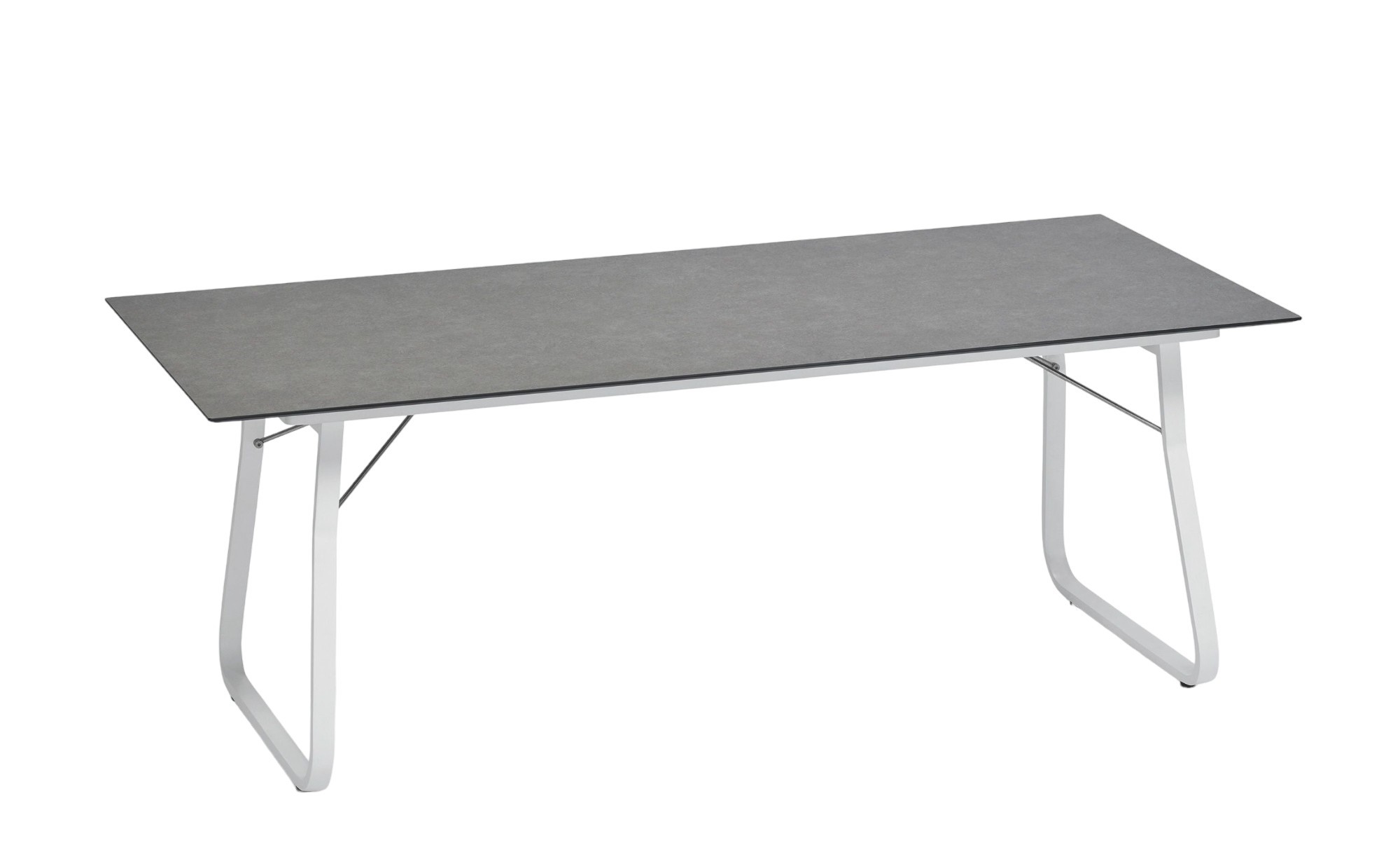 Ahoi Tisch von Weishäupl, Outdoor Tisch mit grauer Tischplatte und weißem Gestell.