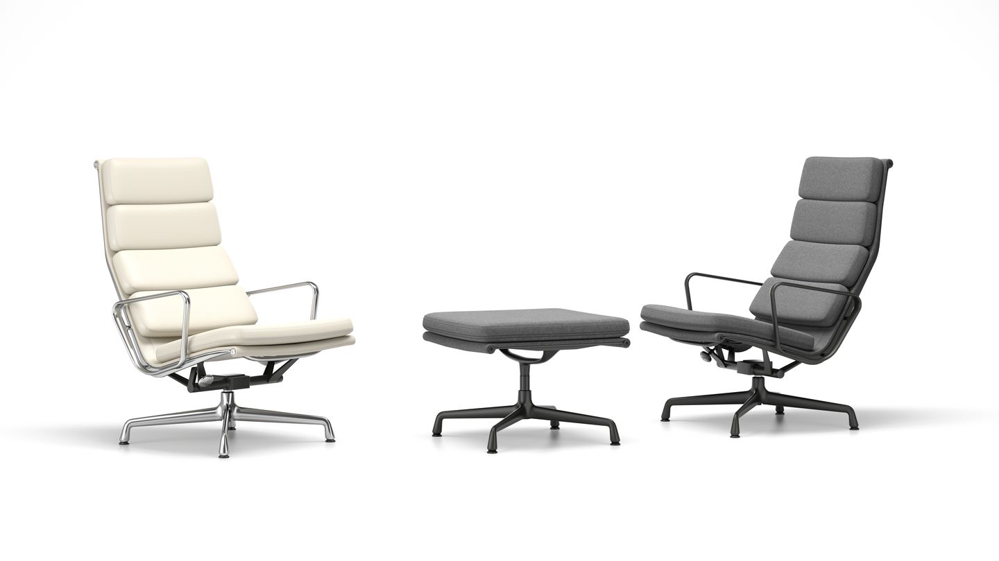 Vitra EA222 Soft Pad Chair in Weiß und Grau mit passendem Hocker, modernes Design.