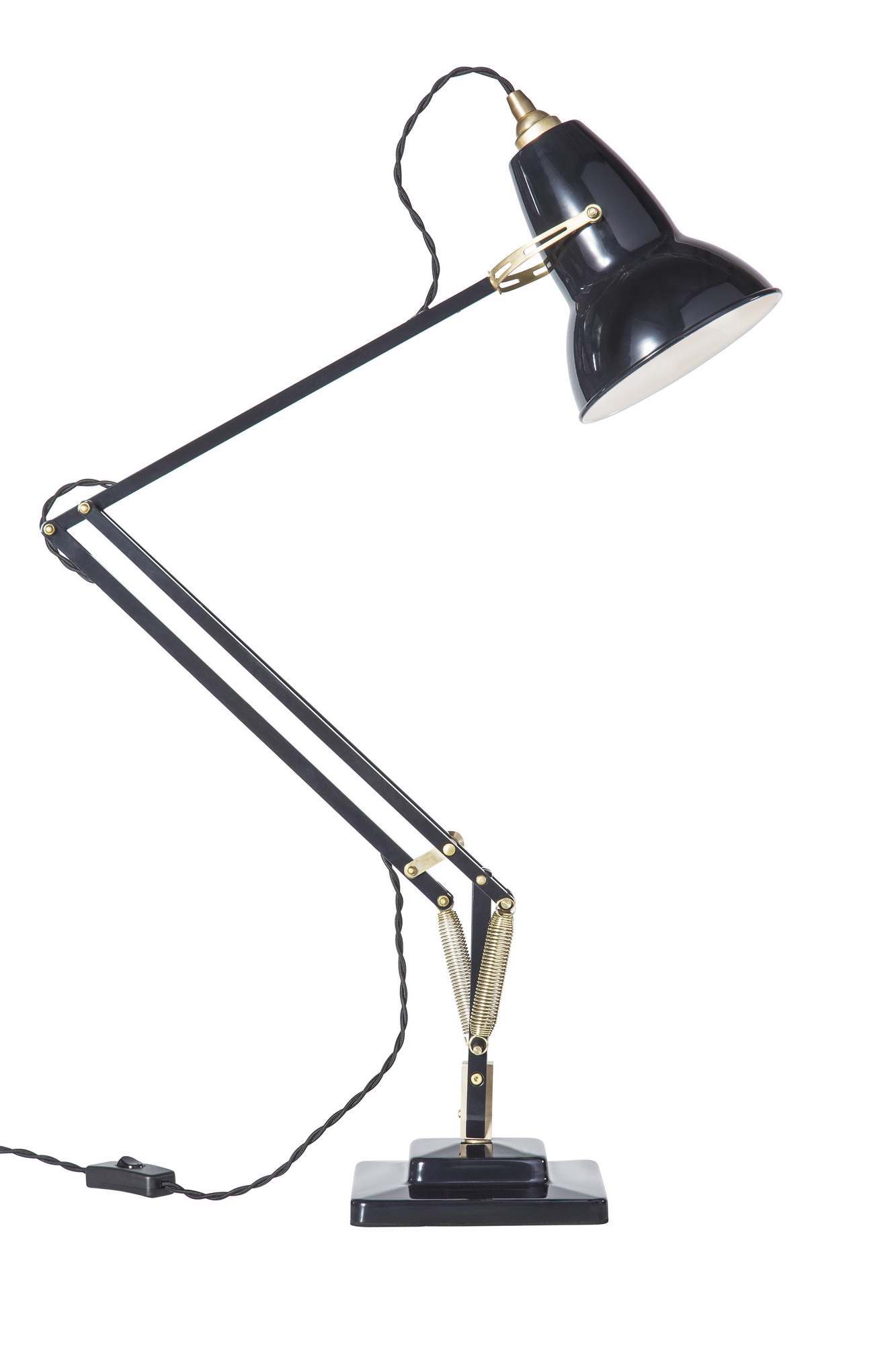 Schwarze Anglepoise Tischleuchte Original 1227 Brass mit Messingdetails, verstellbar für optimale Beleuchtung.
