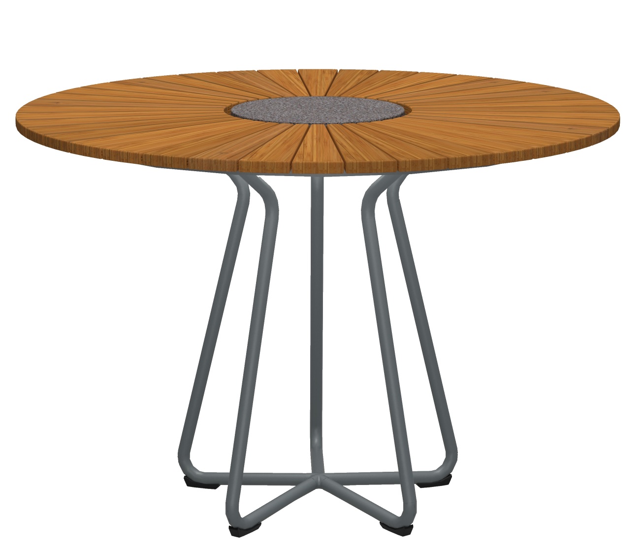 Houe Circle Outdoor Tisch Ø 110 cm mit Teakholzplatte und grauem Metallgestell.