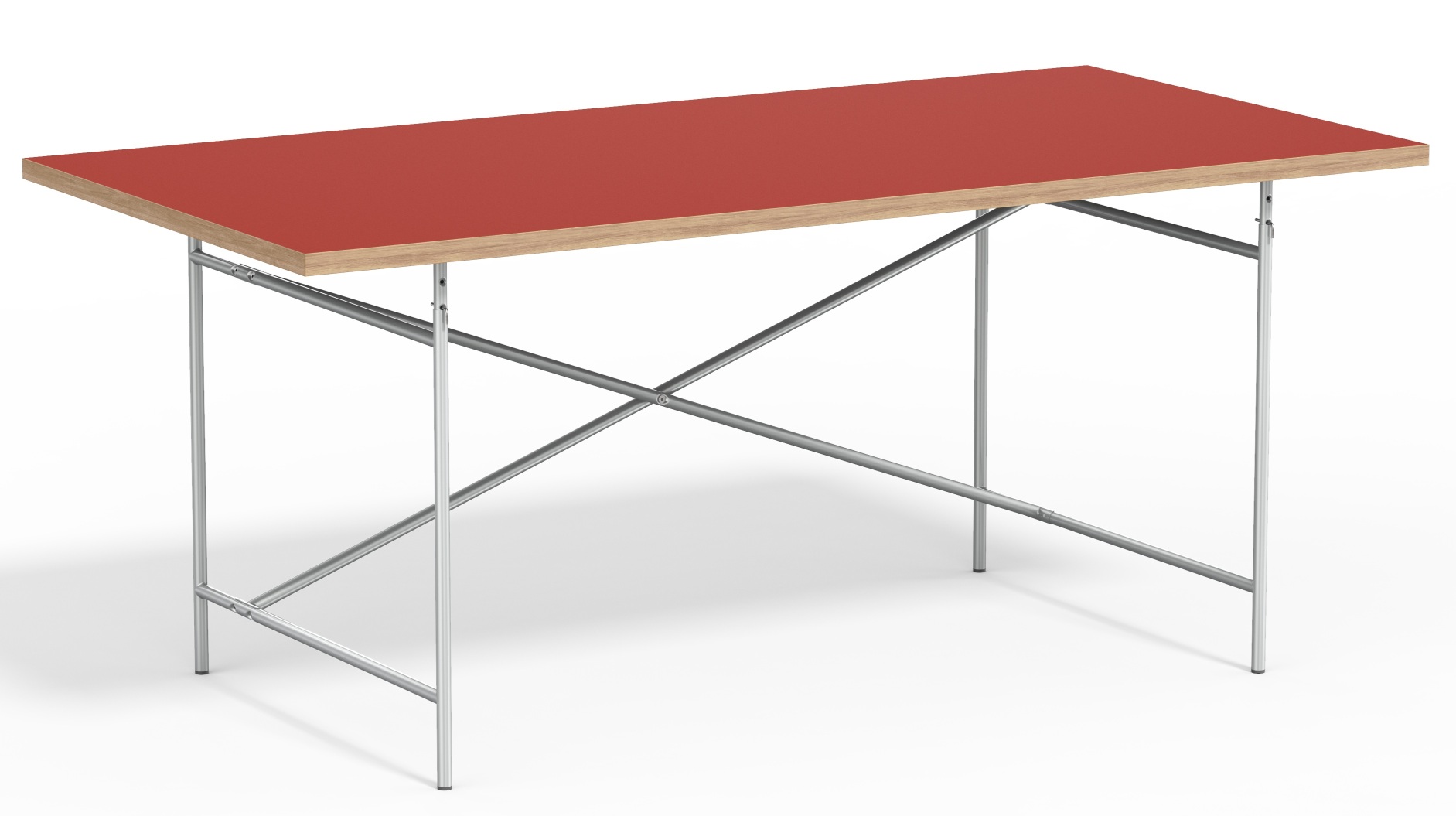 Eiermann Tisch mit roter Tischplatte und Stahlgestell, Designklassiker für Büro und Arbeitszimmer.