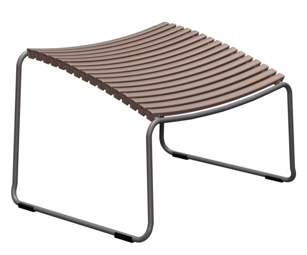 Houe Click Fußhocker für den Außenbereich, modernes Design mit braunen Lamellen und grauem Metallgestell.