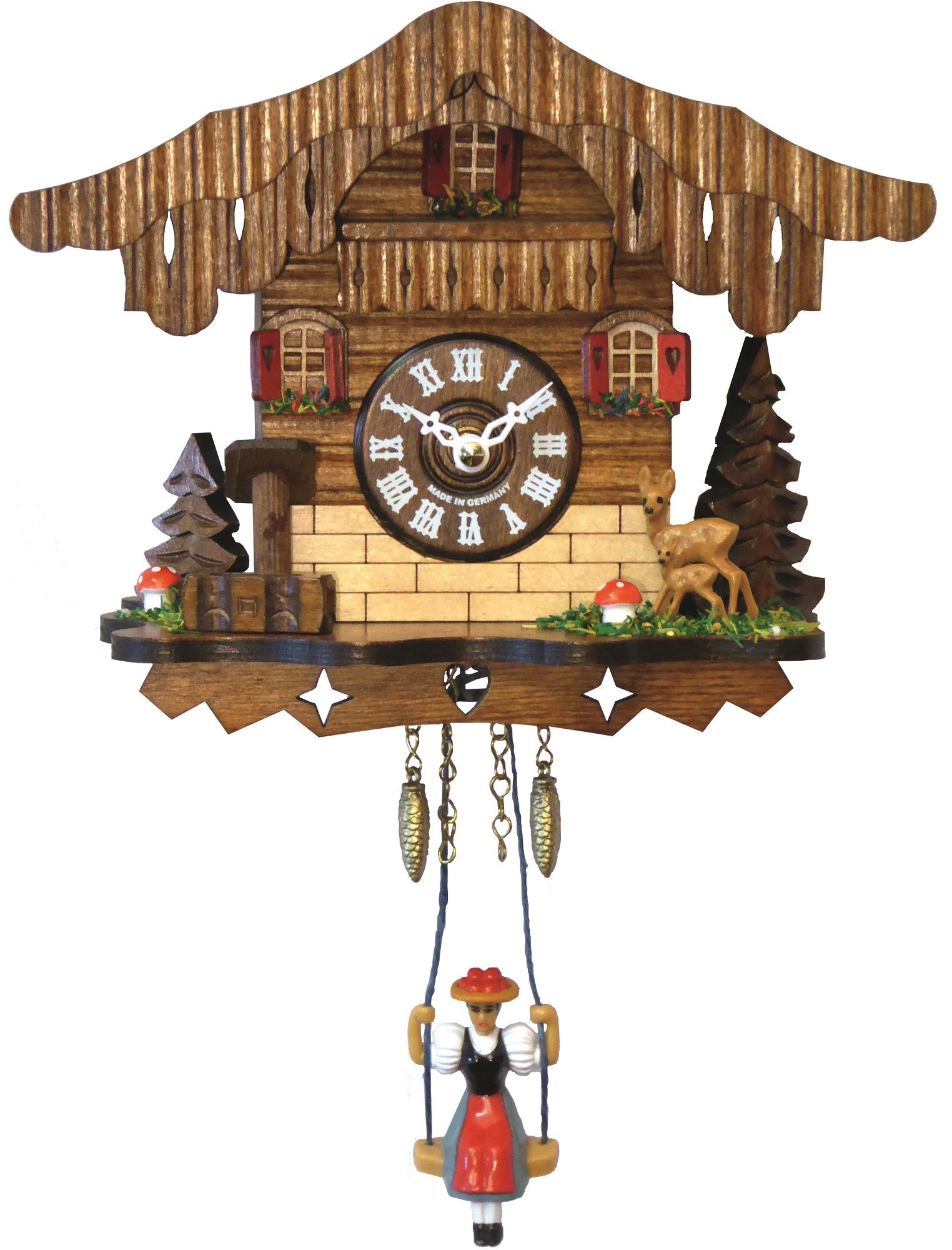Detailaufnahme einer Quarz Kuckucksuhr im Chalet-Stil mit Pendel, Reh-Figur und Miniatur-Design.