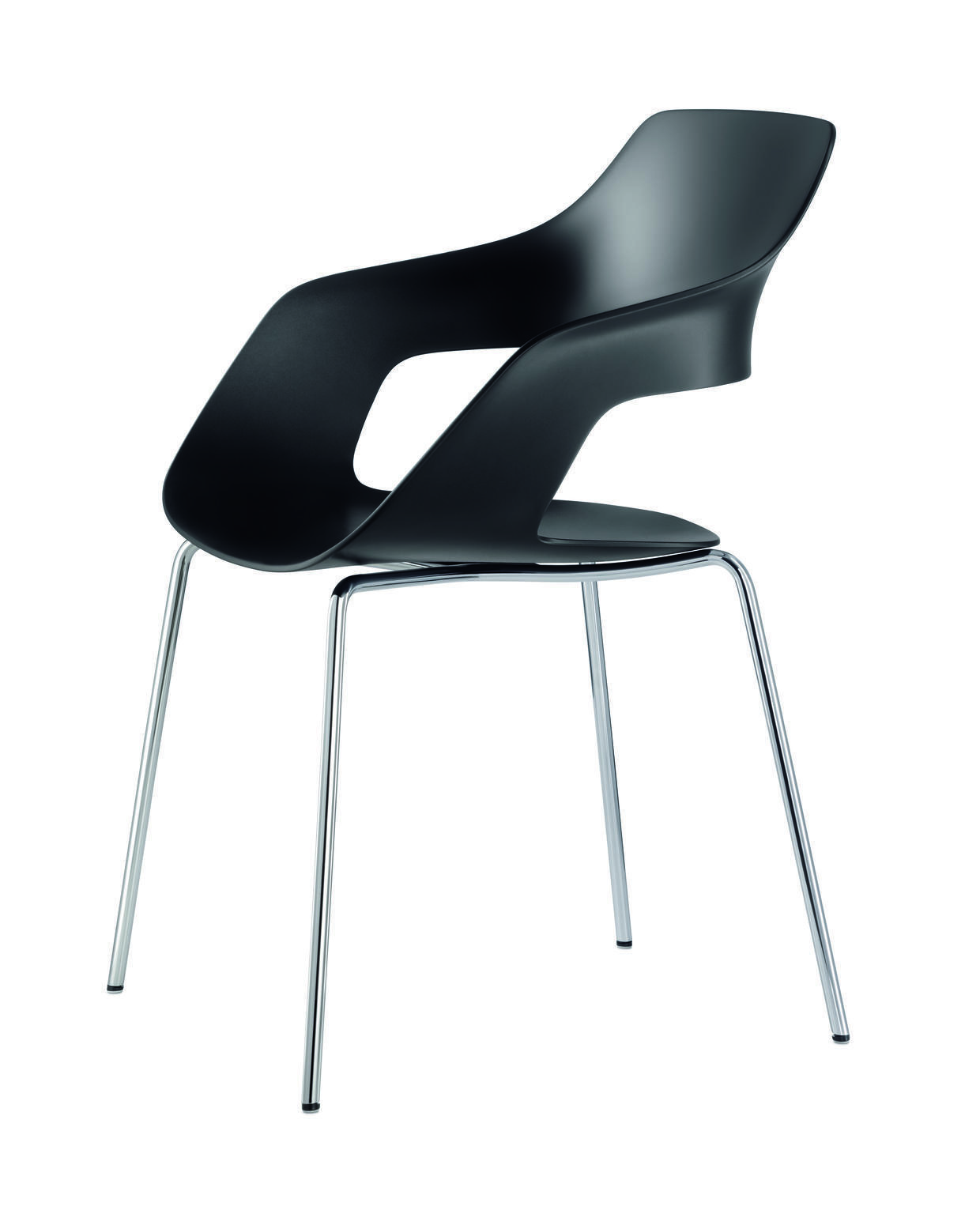Schwarzer Occo Armlehnstuhl von Wilkhahn mit Sitzpolster und verchromtem Vierfußgestell. Moderner Designstuhl für Büro und Wohnraum.