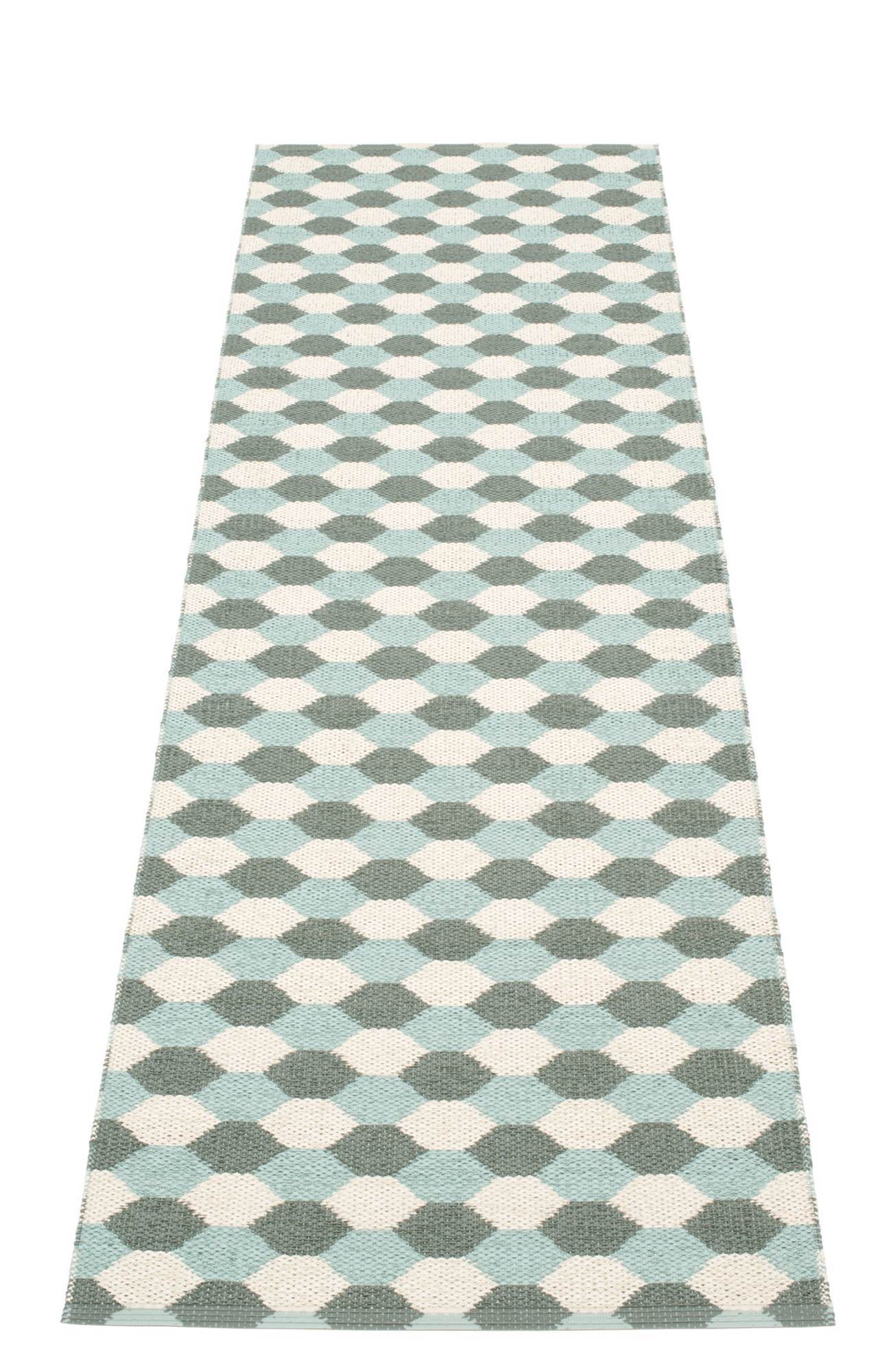 Dana Kunststoffteppich 70x250 grau Pappelina mit grafischem Muster aus grauen, weißen und türkisen Rauten.