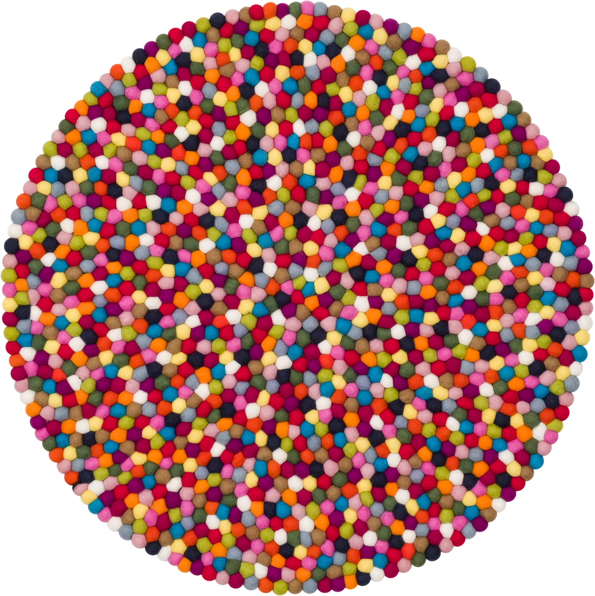 Runder Filzkugel Teppich von myfelt, 120 cm Durchmesser, mit bunten Wollfilzkugeln.