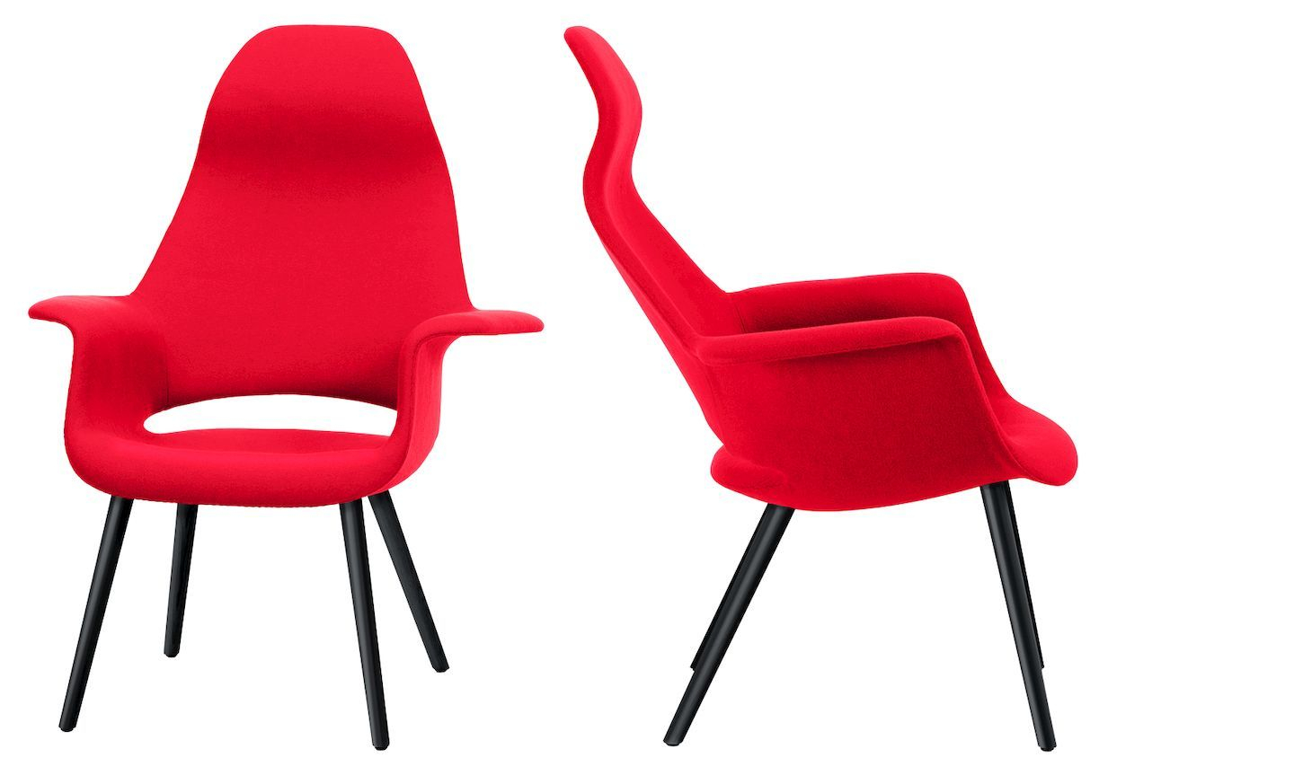 Roter Organic Highback Chair Stuhl von Vitra, Front- und Seitenansicht, moderner Sessel mit Armlehnen und schwarzen Beinen.