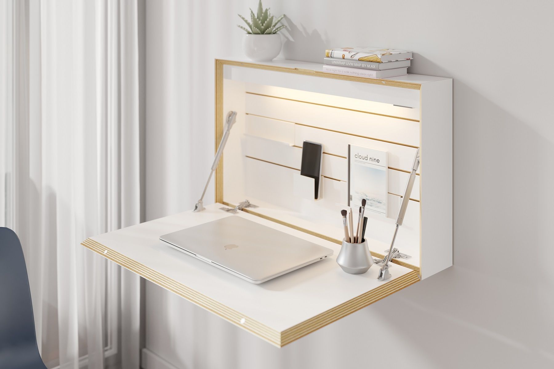 Flatbox Sekretär von Müller Möbelwerkstätten, weiß, mit Laptop und Stauraum, ideal für kleine Räume.