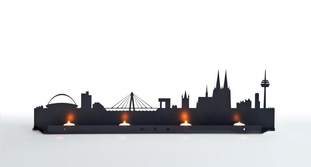 Licht City Kerzenständer mit Köln Skyline und vier Teelichtern, stimmungsvolle Dekoration.