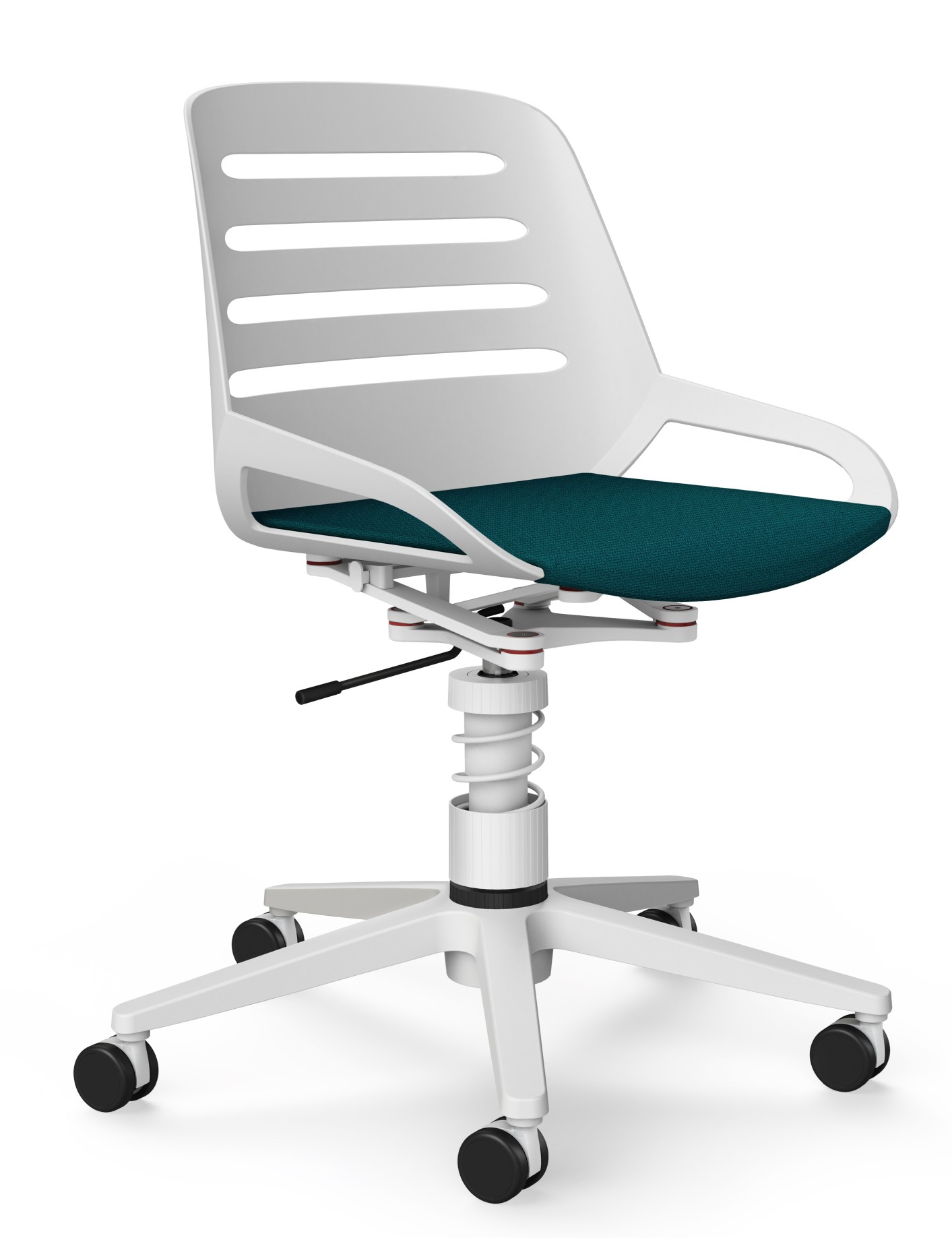 Numo Task Bürodrehstuhl von Aeris, weißes Gestell, türkiser Sitz, ergonomisch und modern für das Büro.