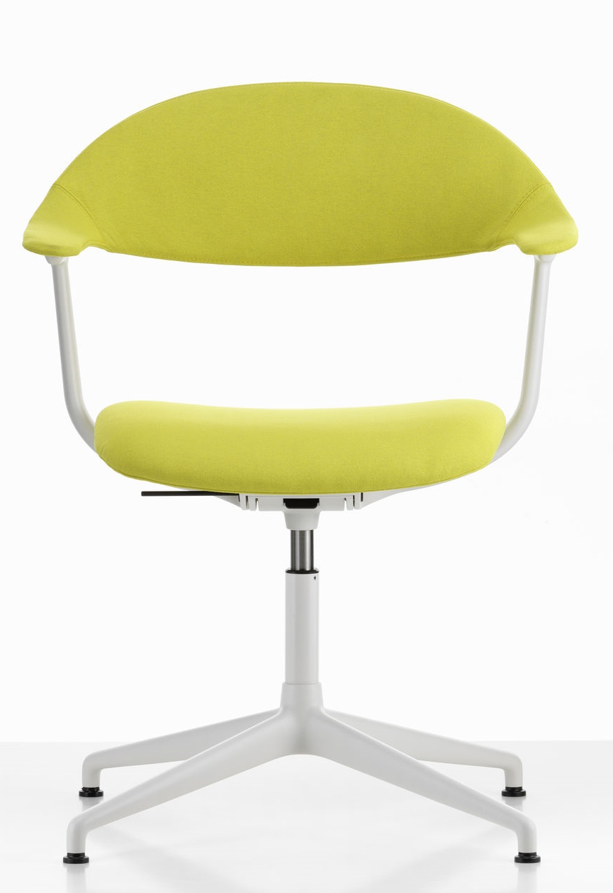 Mynt Bürodrehstuhl von Vitra mit gelbem Sitz und Rückenlehne, weißes Gestell, ergonomisch und modern.