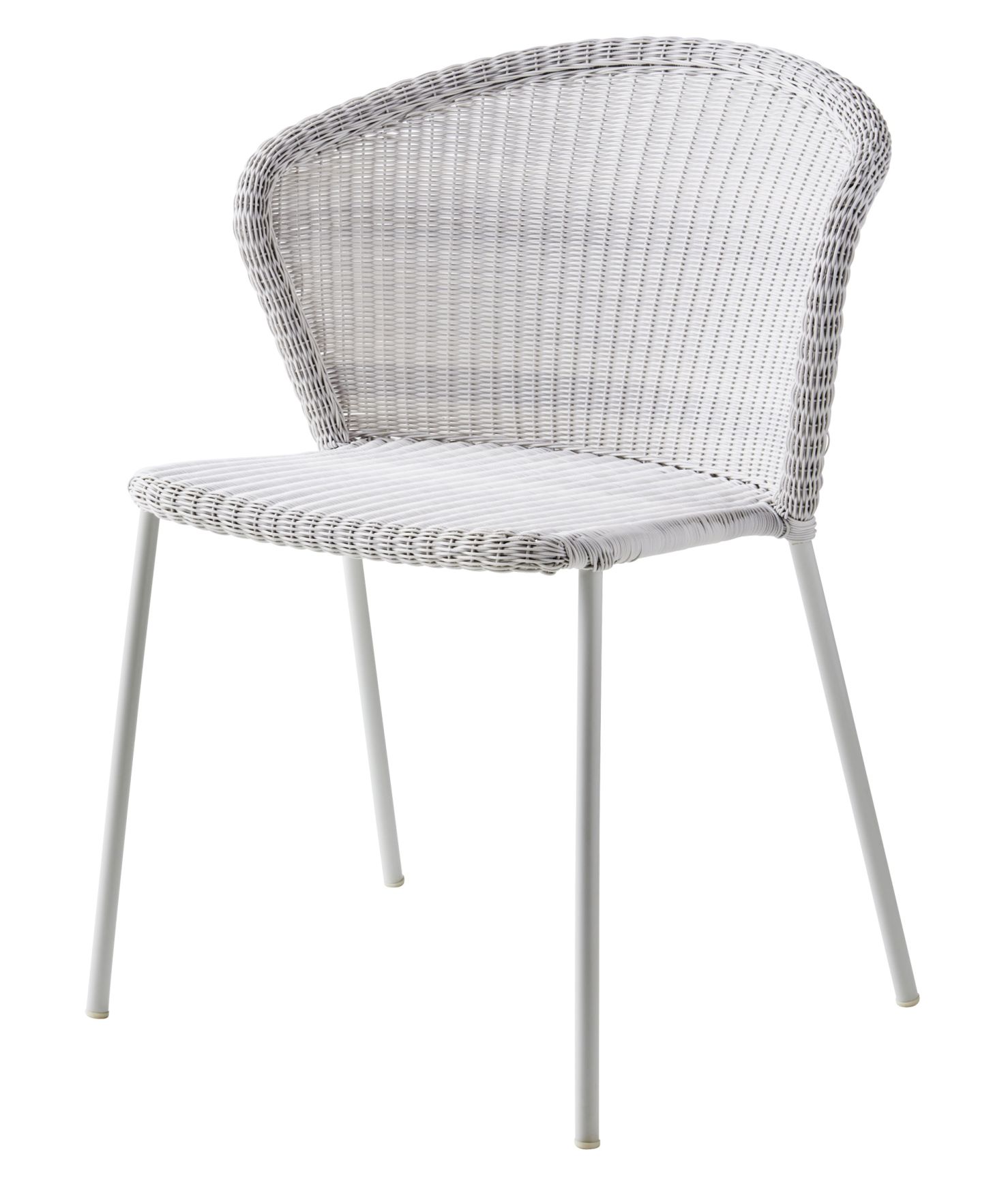Weißer Lean Stuhl mit grauem Kissen von Cane-Line, Rattan Gartenstuhl für den Außenbereich.