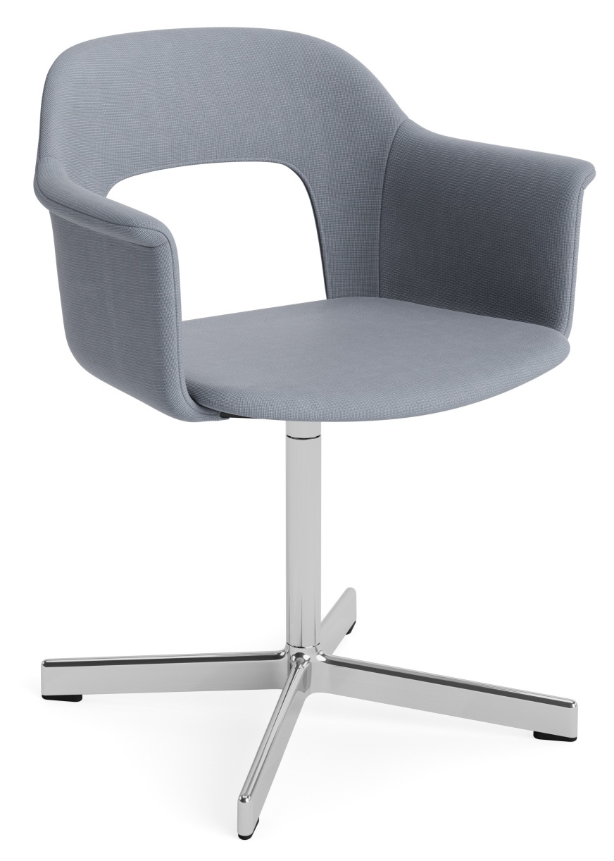 Layout Armchair 234 von Hay, grauer Stoffbezug, Armlehnen, Drehfußkreuz aus poliertem Aluminium für Büros.