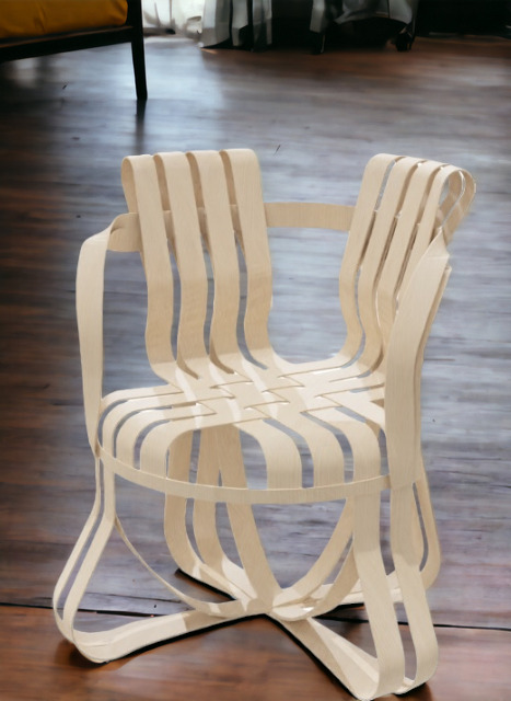 Cross Check Stuhl von Knoll International: Moderner Armlehnstuhl aus hellem Holz mit einzigartigem, geflochtenem Design.