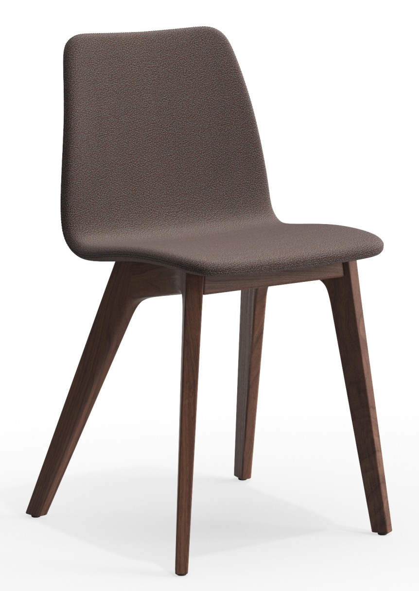 Morph Holzstuhl Vollgepolstert Zeitraum mit braunem Stoffbezug und dunklen Holzbeinen, moderne Sitzmöbel für Esszimmer und Büro.