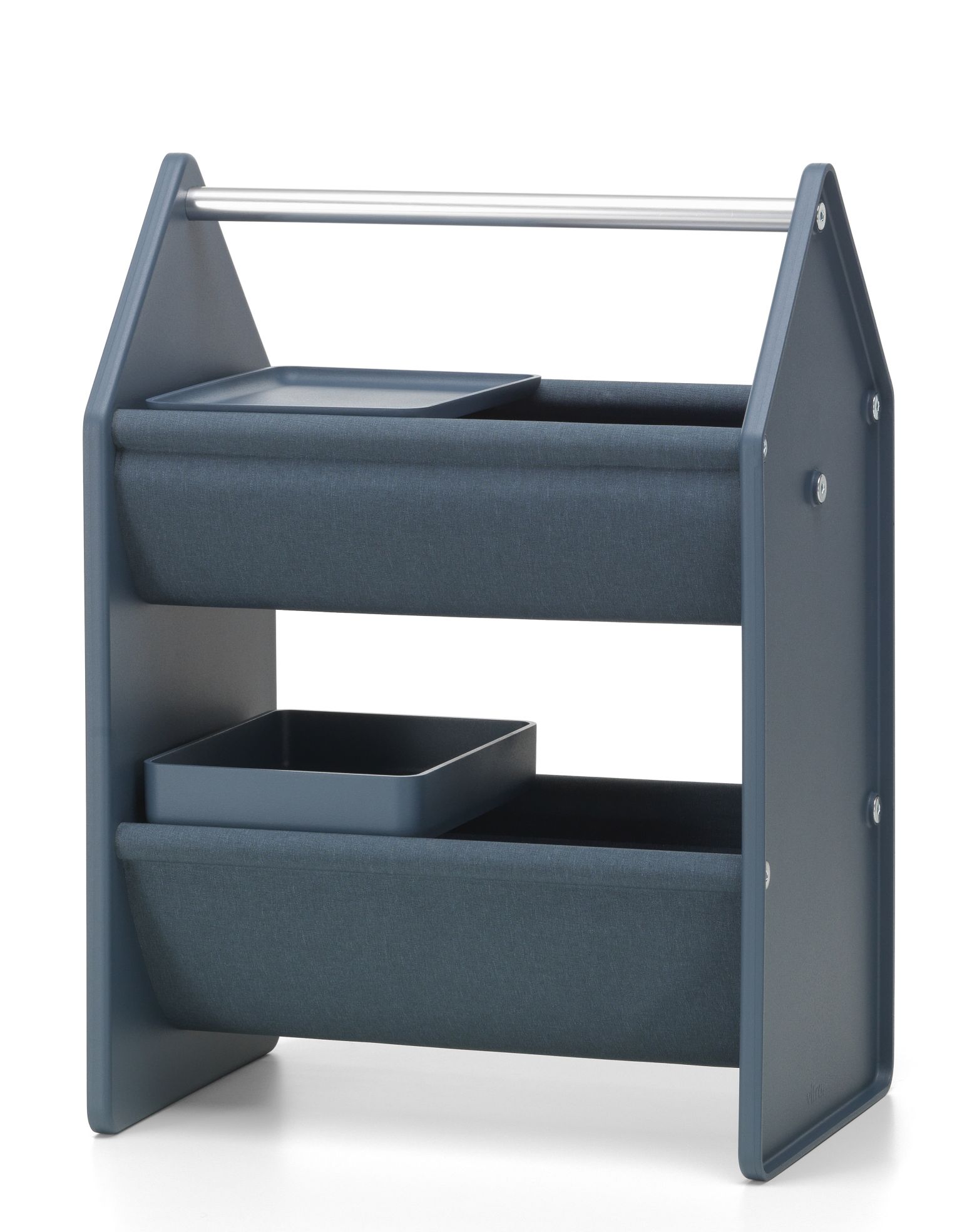 Vitra Drop Box Tray Set in Blau: Aufbewahrungssystem mit zwei Ablagen und Tragegriff aus Metall.