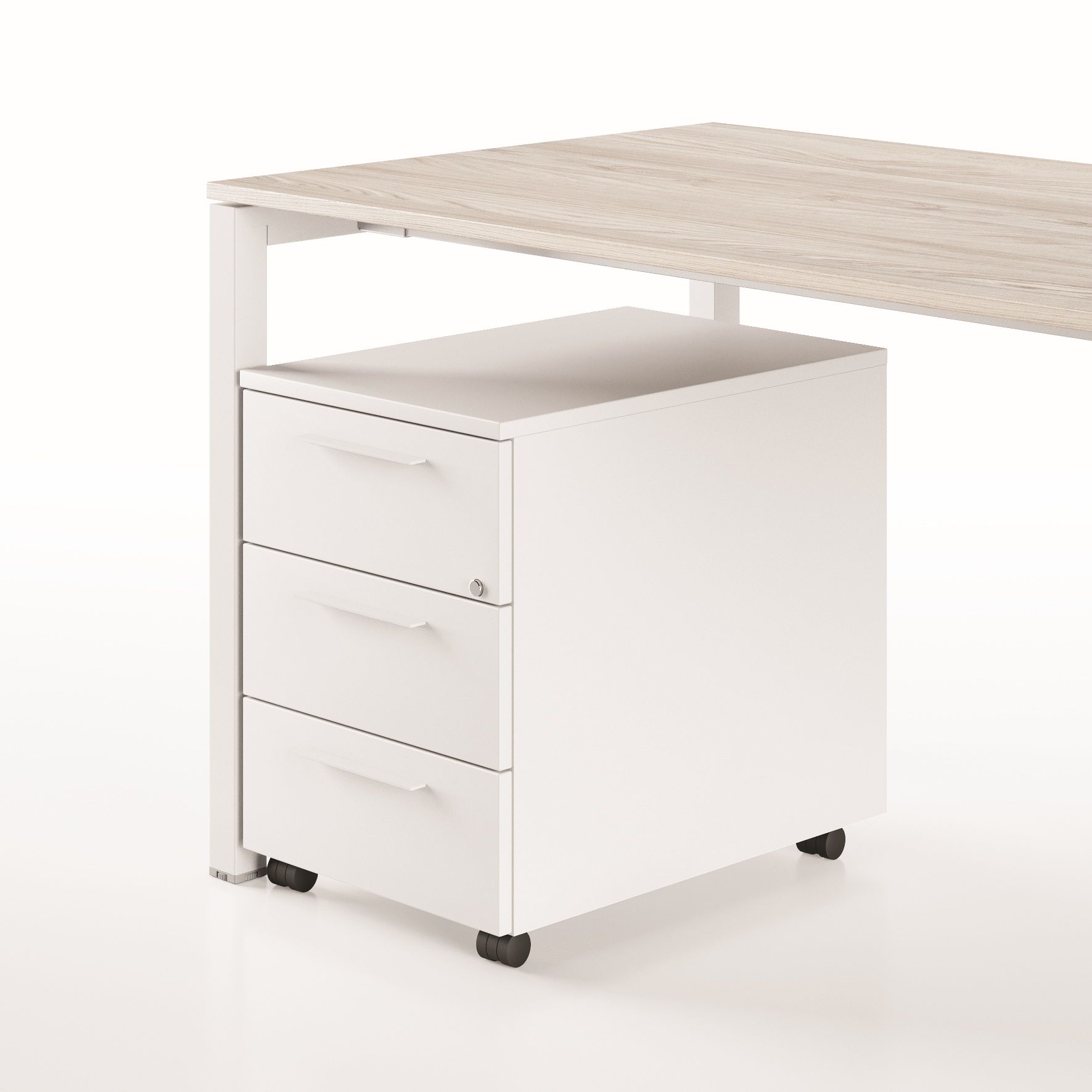 Weißer Frezza Rollcontainer Pedestal MET mit drei Schubladen unter einem Schreibtisch, Büromöbel für Stauraum.