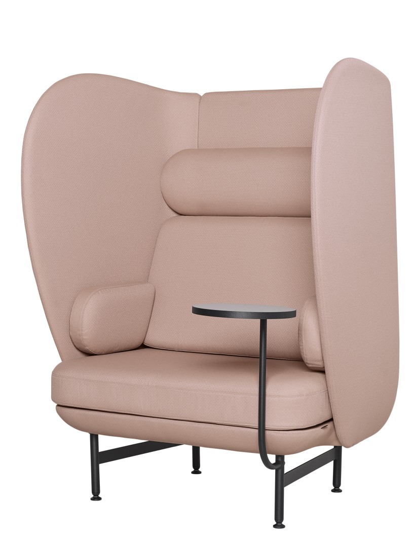 JH1001 Plenum Sessel von Fritz Hansen, 1-Sitzer in Rosa mit integriertem, kleinem Tisch.