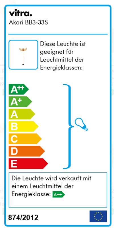 Energieeffizienzlabel der Akari Stehleuchte BB3-33S von Vitra, mit Energieklasse A++.