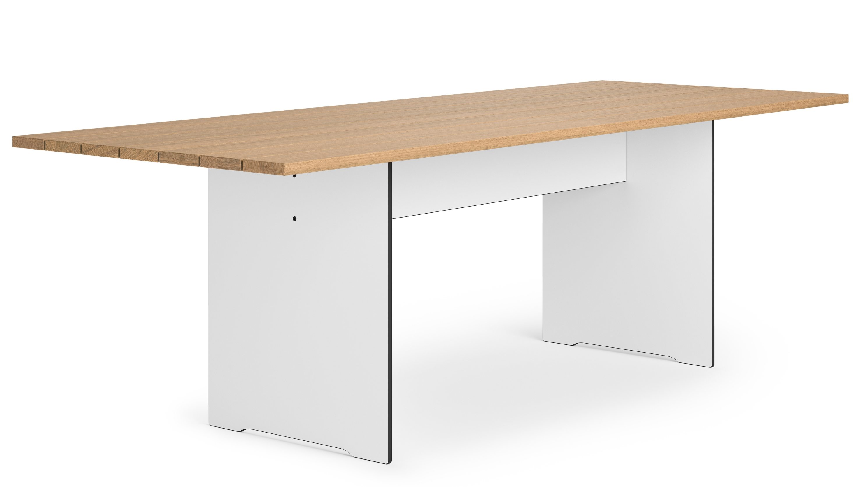 Riva Vario Tisch XL Wood Outdoor Conmoto: Moderner Gartentisch mit Holzplatte und weißen Beinen.