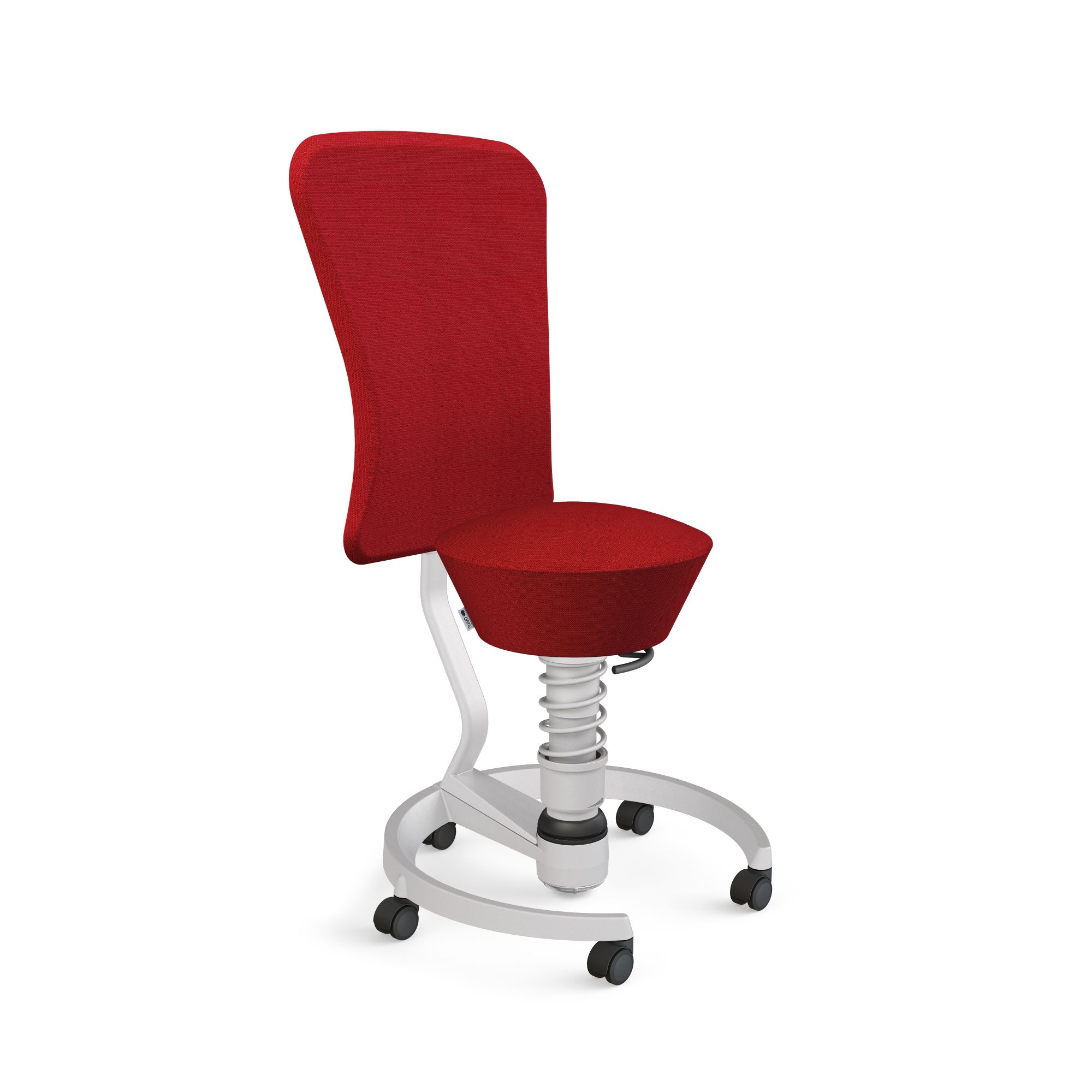 Roter Bürostuhl mit Federung und Rollen, ergonomischer Hocker für gesundes Sitzen im Büro.