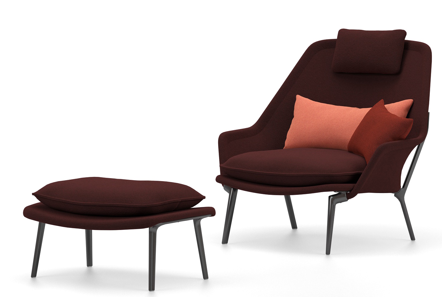 Vitra Slow Chair Sessel mit Ottoman in braunem Stoffbezug und farbigen Kissen.