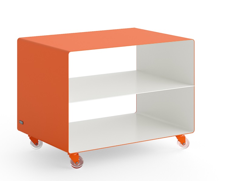 R 103N Rollwagen von Müller Möbelfabrikation: Orangefarbener, mobiler Rollcontainer mit zwei weißen Ablageflächen.