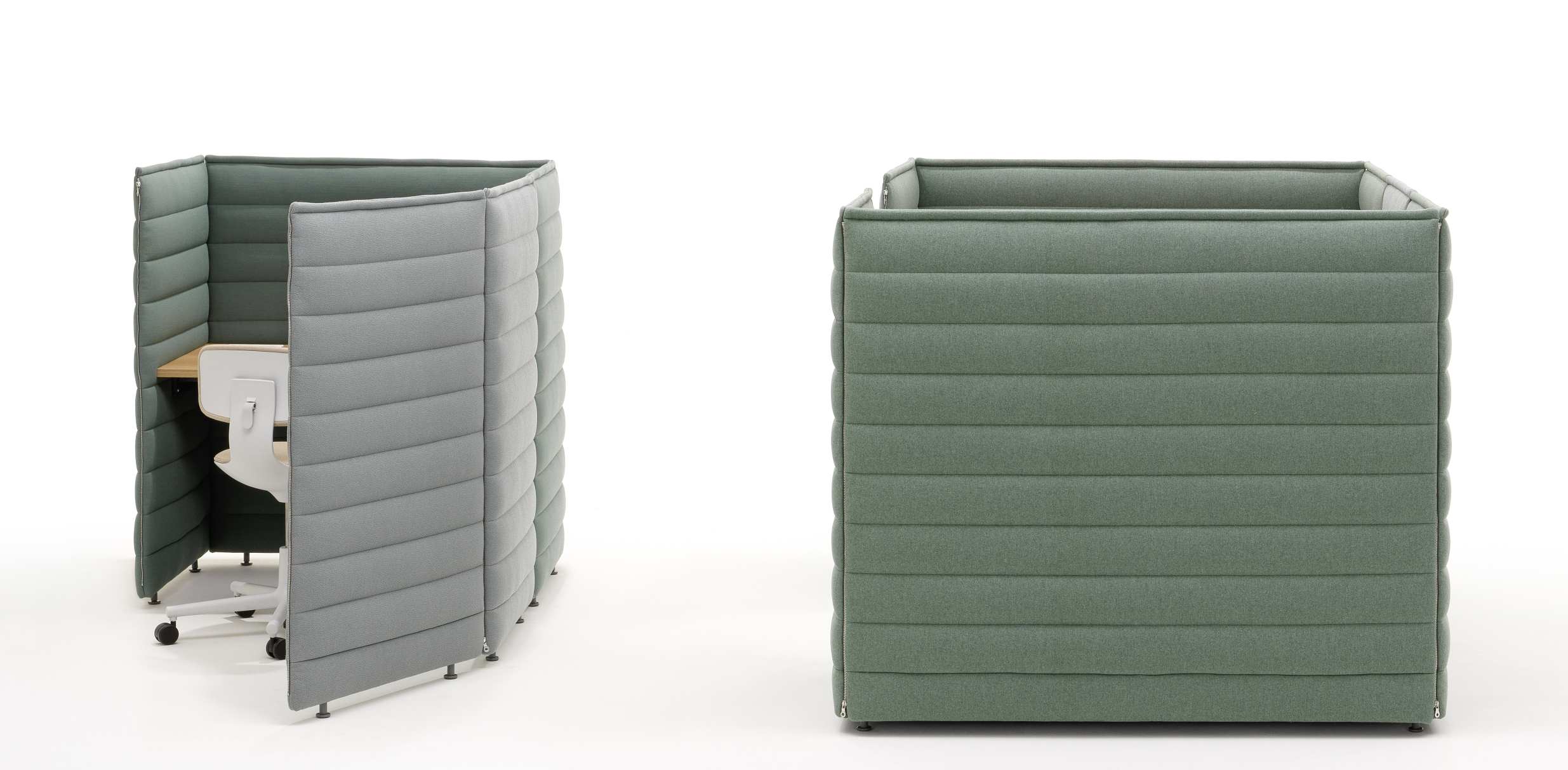 Vitra Alcove Schreibtisch in Grau und Grün: Moderner Arbeitsplatz für Büro und Homeoffice.