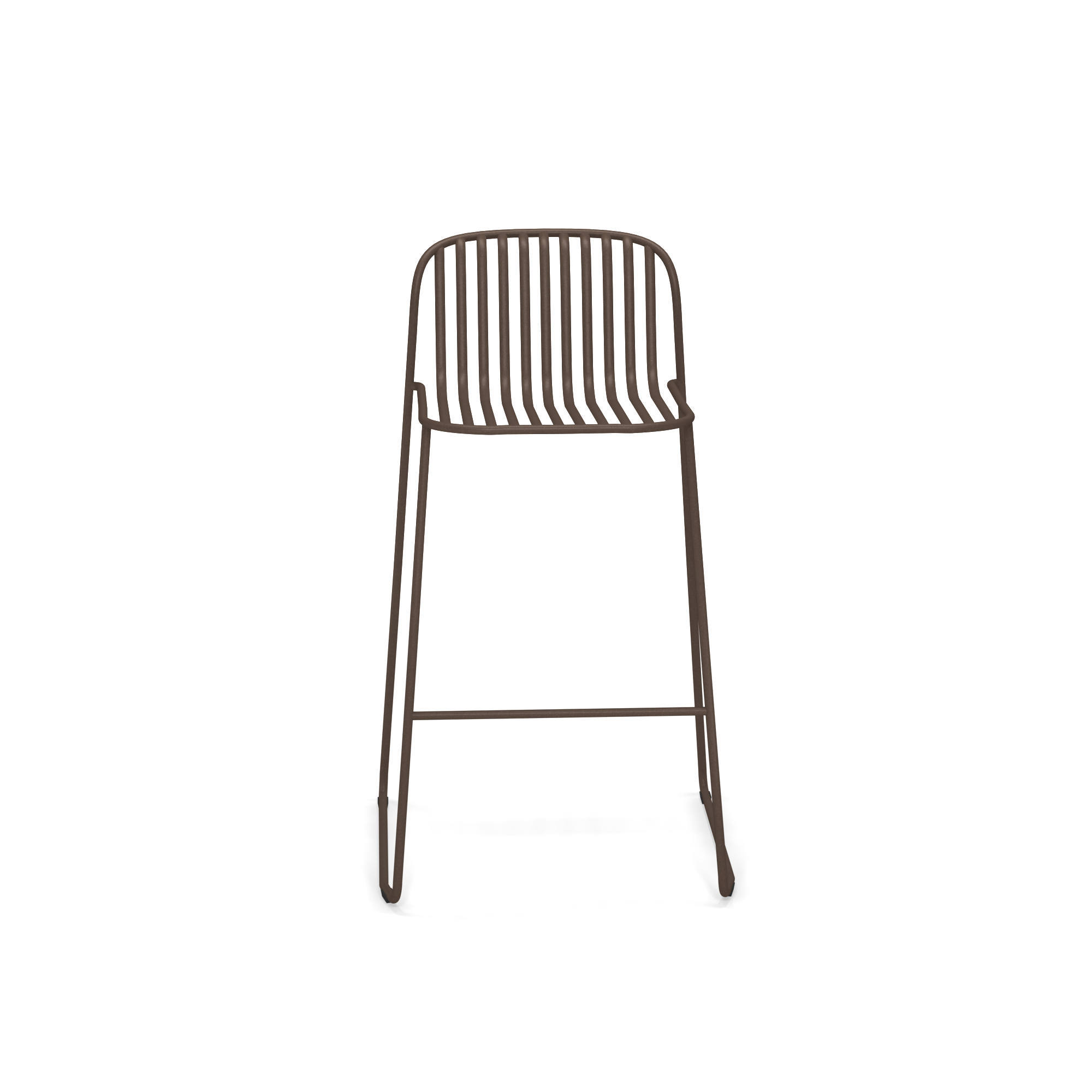 Riviera Barhocker von Emu, brauner Metall-Barstuhl für den Außenbereich, minimalistisches Design für Garten und Terrasse.