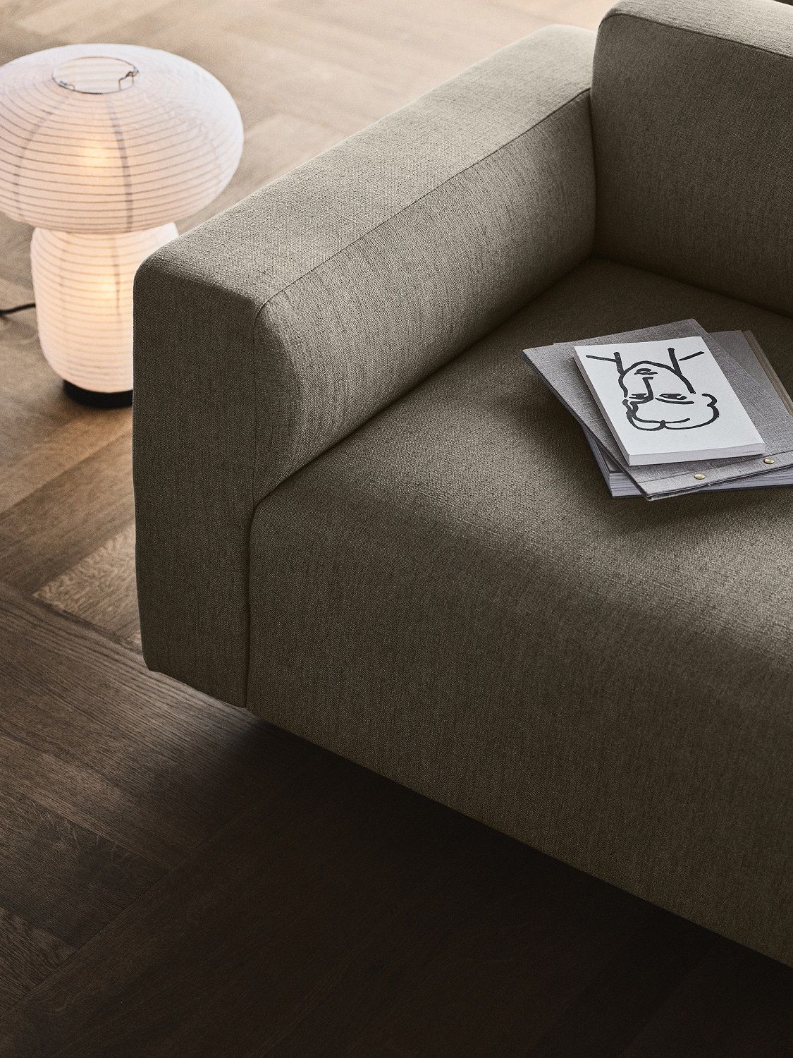 Detailaufnahme des Develius Sofas von AndTradition in braun mit Lampe und Magazinen.