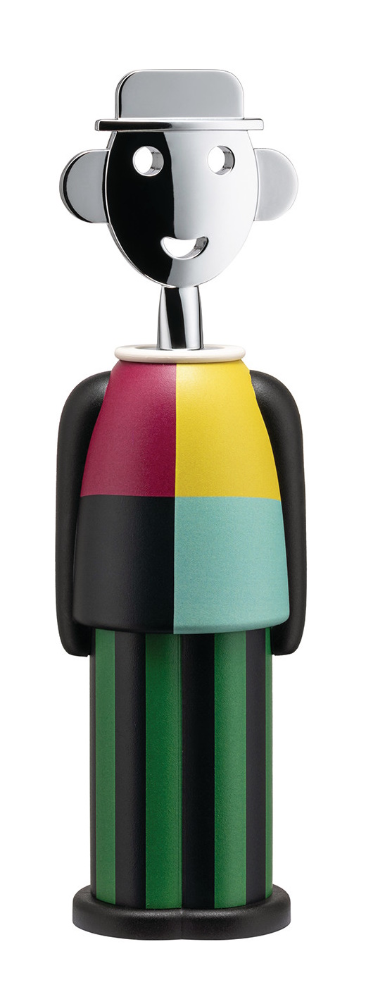 Alessi Alessandro M. Korkenzieher mit buntem Design und fröhlichem Gesicht für Weinliebhaber.
