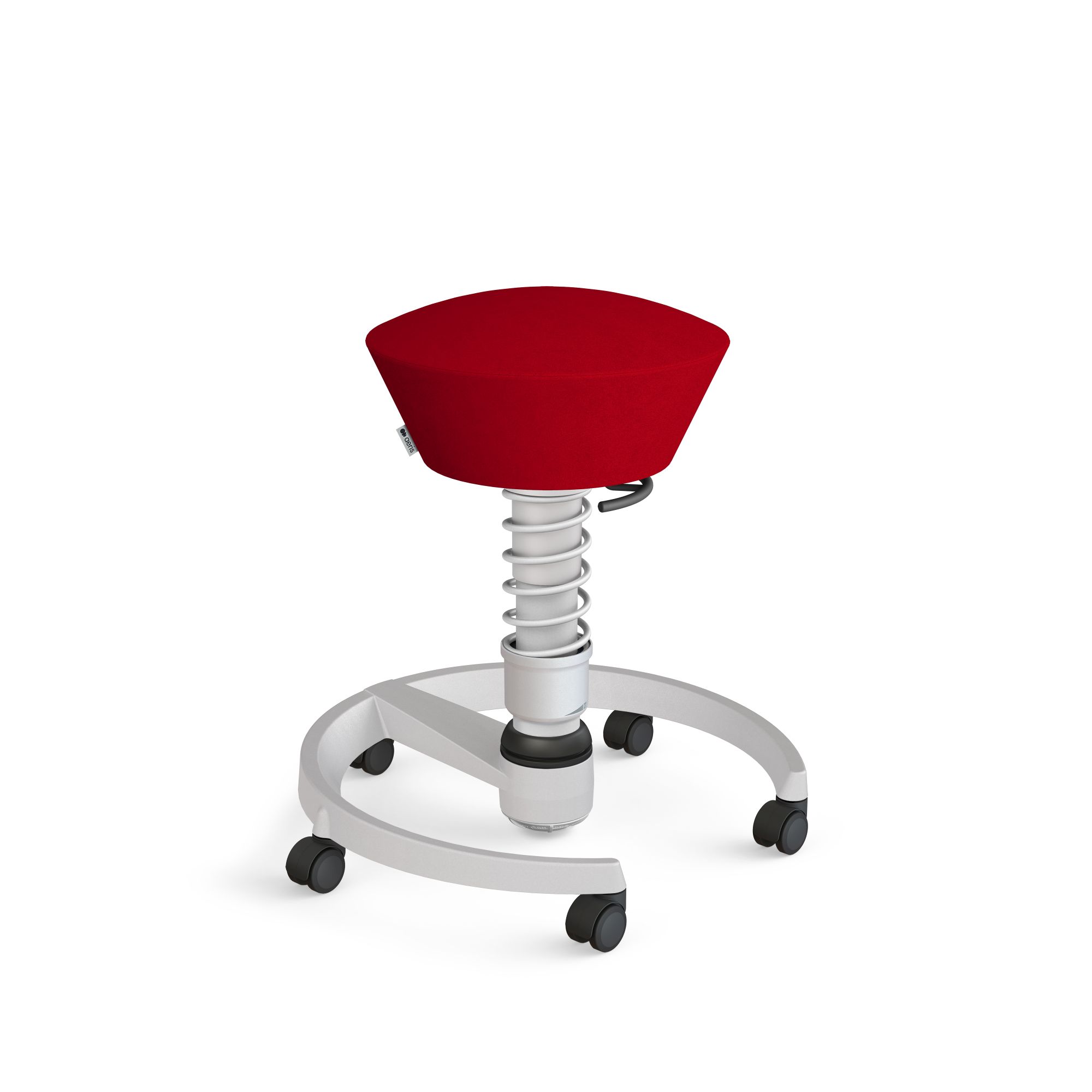 Roter Aeris Swopper Bürohocker mit Federung und Rollen, ergonomischer Aktiv-Sitz für dynamisches Sitzen.