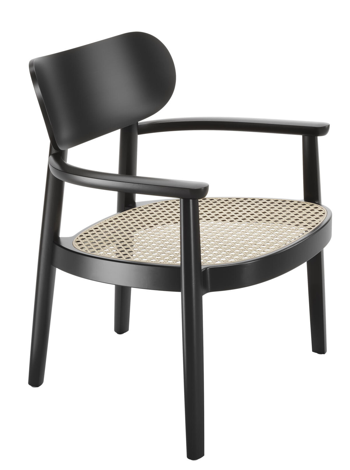Schwarzer Thonet Holzsessel mit Armlehnen und Wiener Geflecht Sitzfläche, Modell 119 MF, seitliche Ansicht.