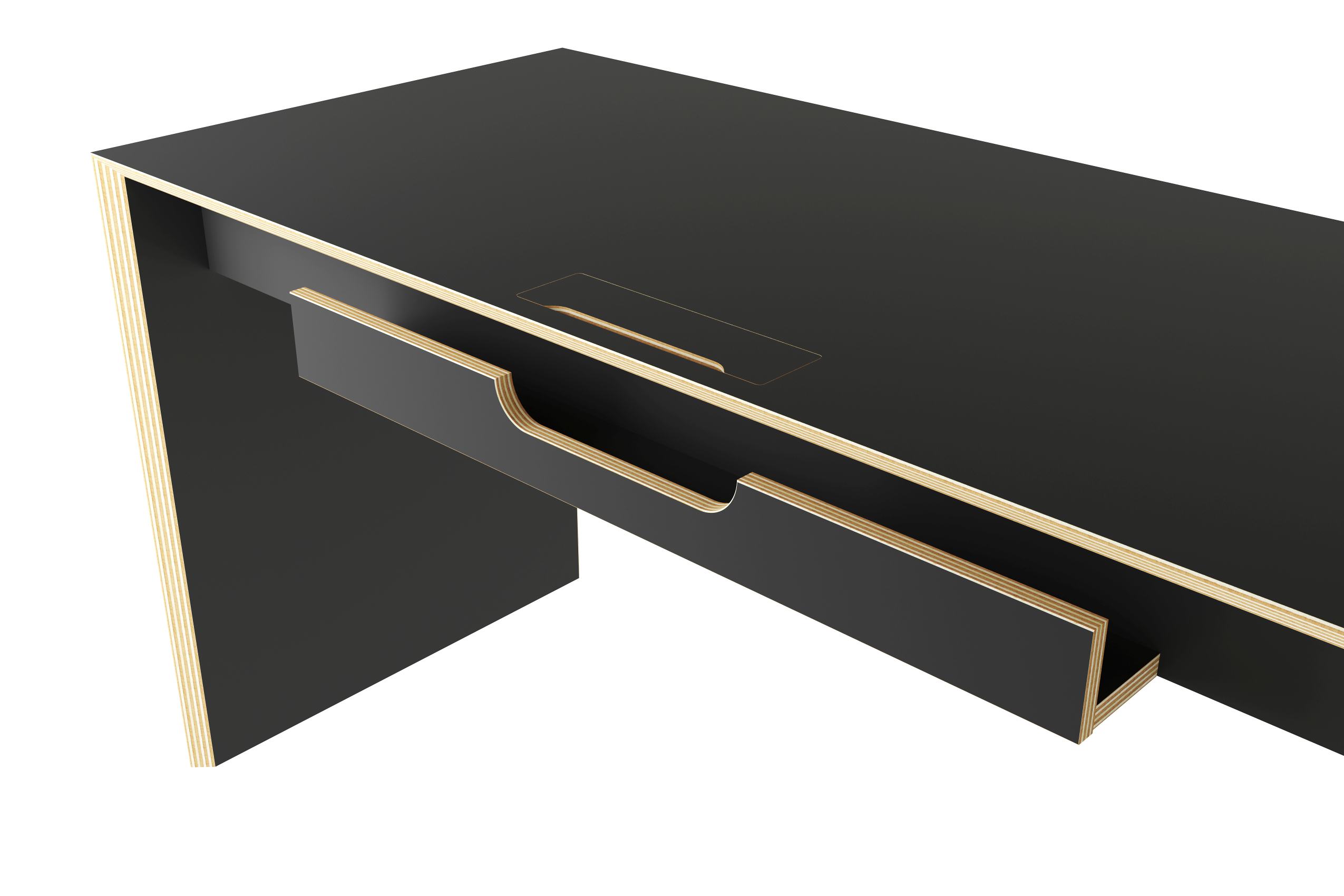 Schwarzer Bridge Schreibtisch von Müller Möbelwerkstätten mit Schublade und Kabeldurchlass, modernes Design für Büro und Arbeitszimmer.