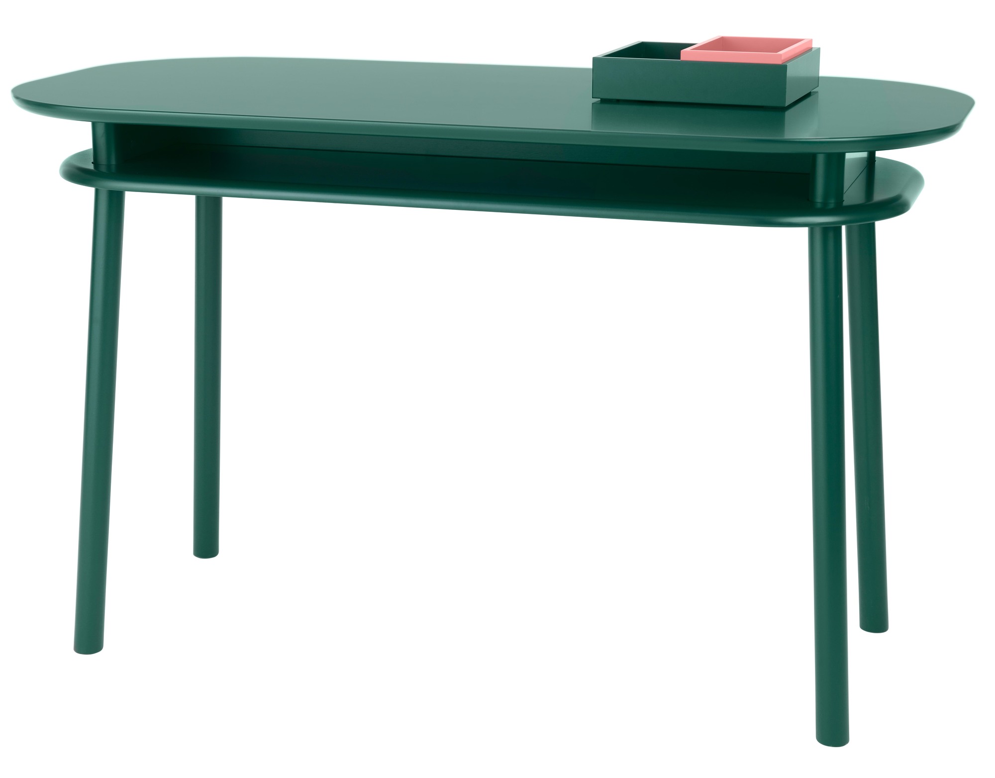 Grüner Schönbuch Schreibtisch mit Ablage und rosa Akzent, moderner Bürotisch für Arbeitszimmer.