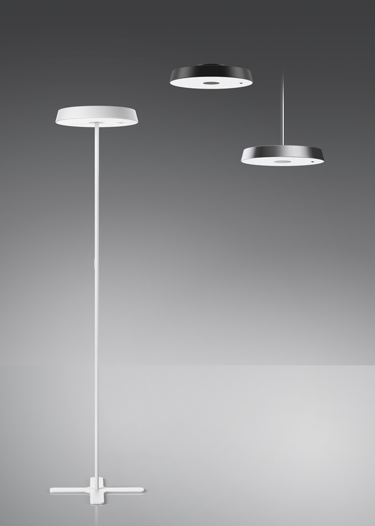 Produktbild: Koi-S Pendelleuchte und Stehleuchte von Belux, modernes Design, weiße Ausführung, 3000K Lichtfarbe.