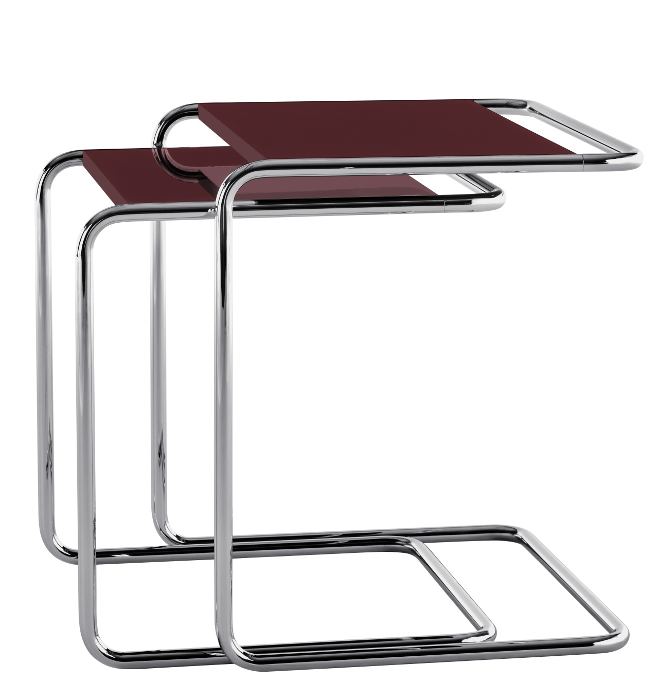 Zwei Thonet B97 Beistelltische von Jil Sander, Stahlrohr verchromt, bordeauxfarbene Ablageflächen, modernes Design für Wohnzimmer.