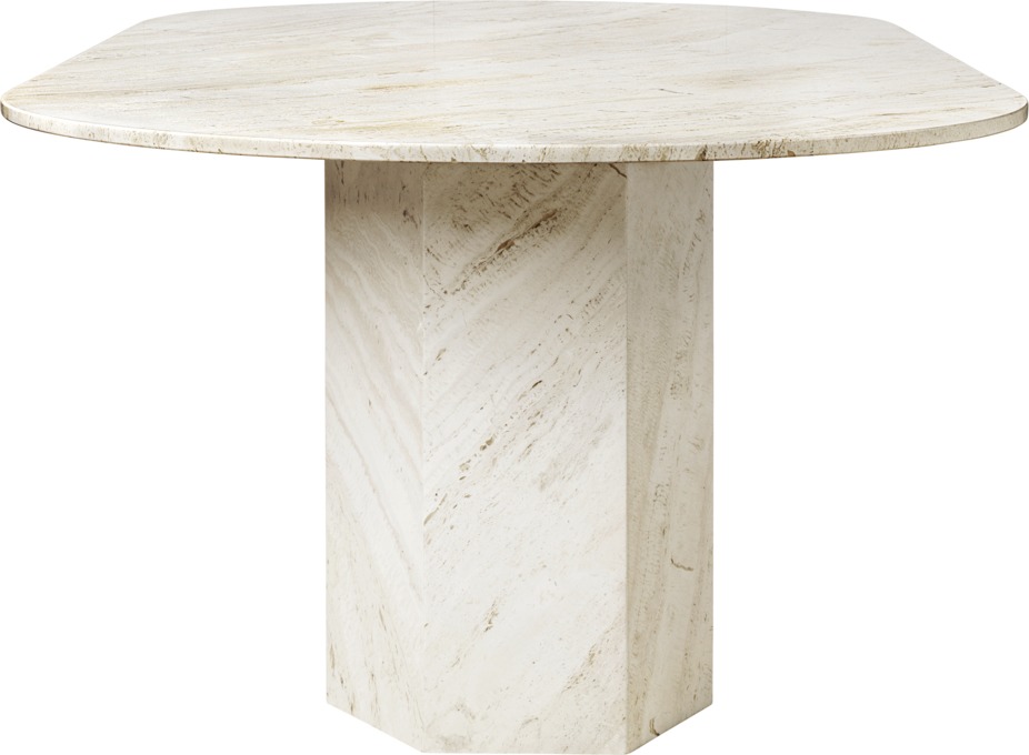 Elliptischer Esstisch von Gubi aus Travertin, moderner Design Tisch mit einzigartigem Sockel.