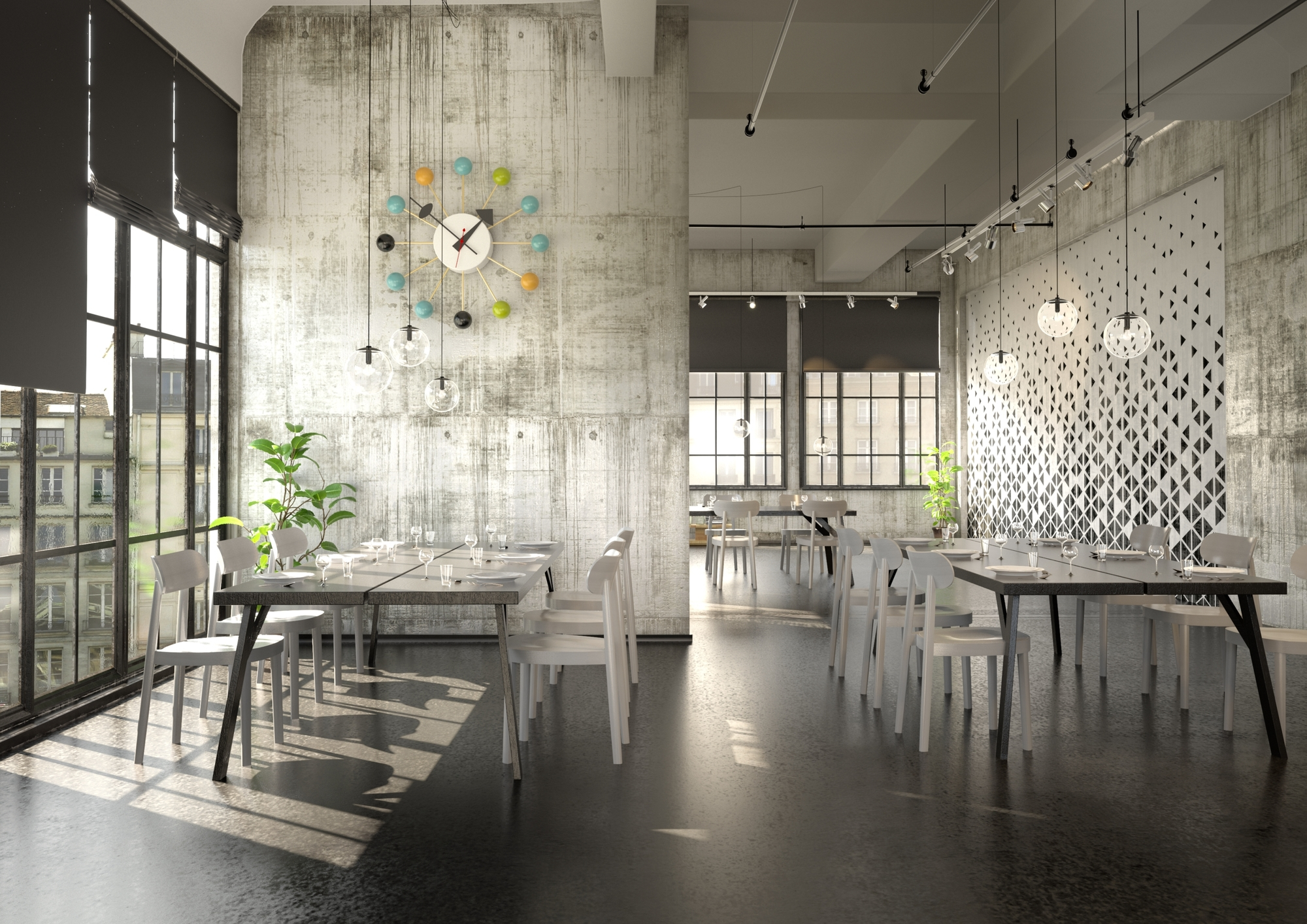 Innenaufnahme eines Restaurants mit Tischen und Stühlen. Im Vordergrund weiße Holzstühle ähnlich dem Thonet Stil.