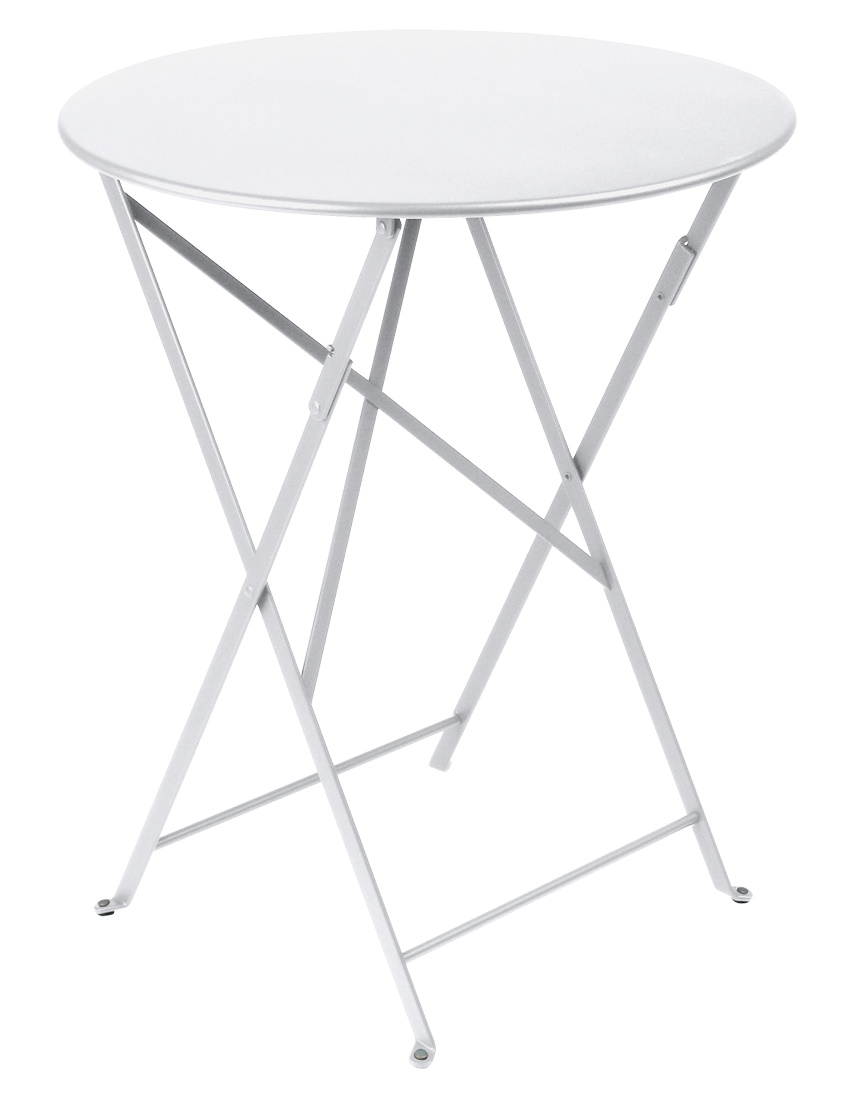 Weißer Bistro+ Tisch von Fermob für den Außenbereich, runder Gartentisch mit Klappgestell.